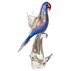Parrot Sculpture in Blue Murano glass with golden details, Italy in stock