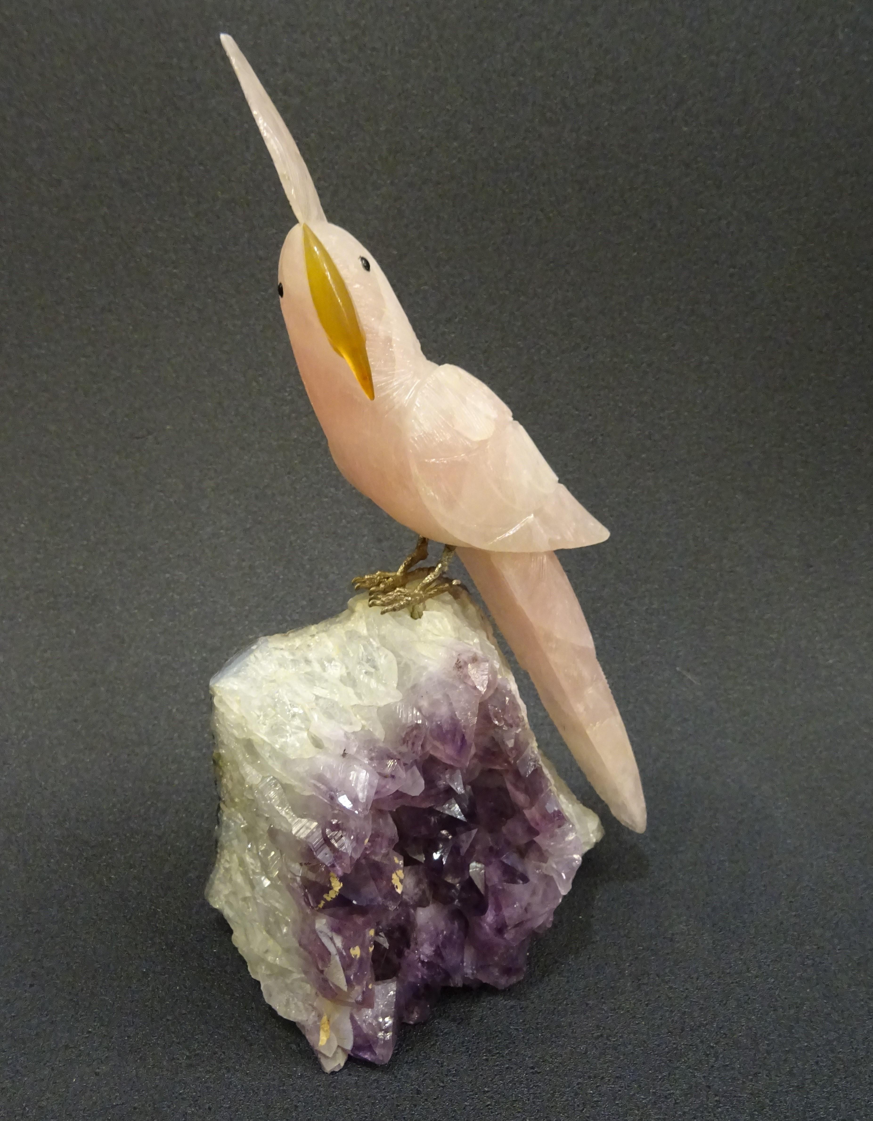 Drusa Parrot  in Brazilian Amethyst and Rose Quartz with Silver Legs, 1980s 4