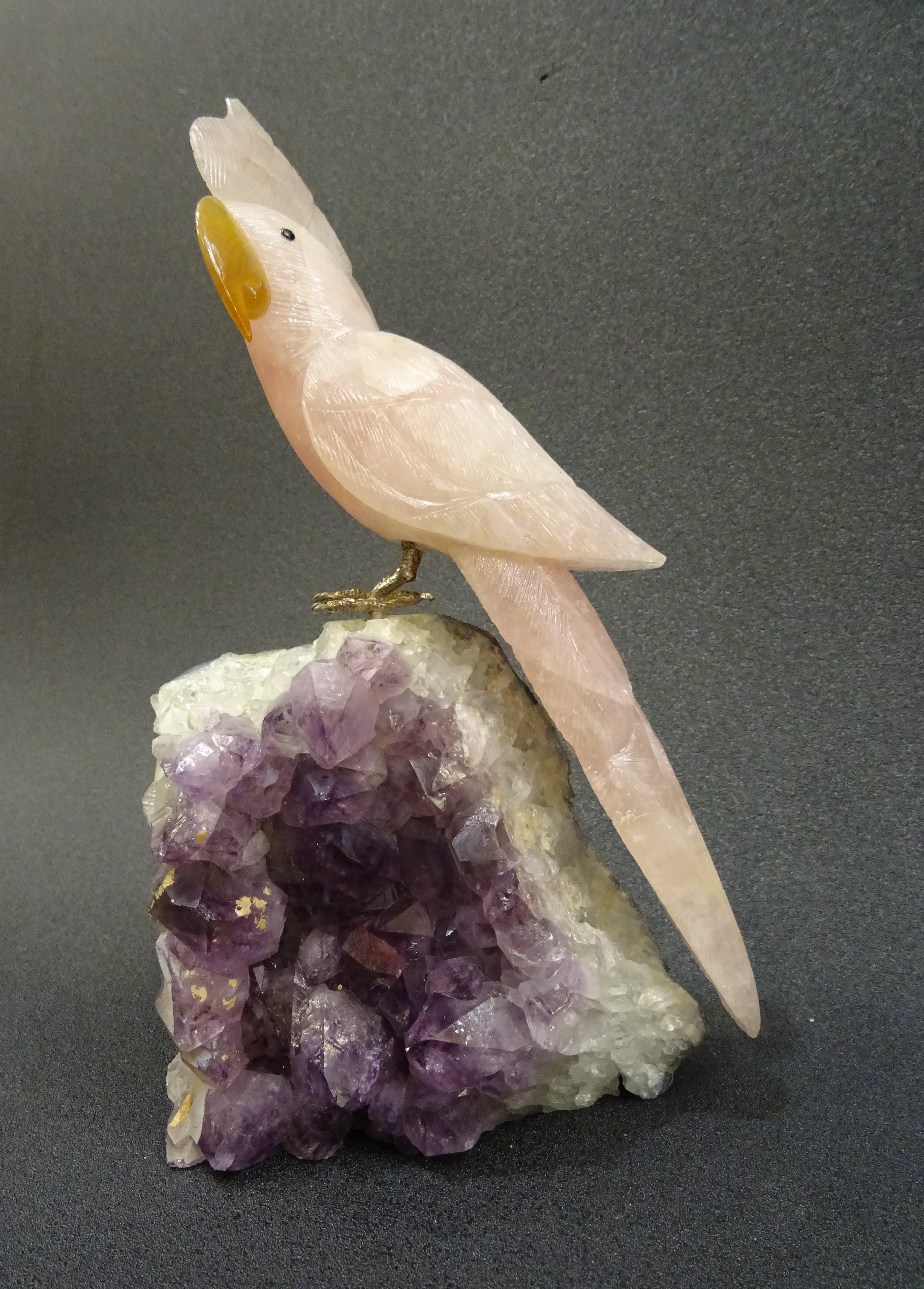 Drusa Parrot  in Brazilian Amethyst and Rose Quartz with Silver Legs, 1980s 5