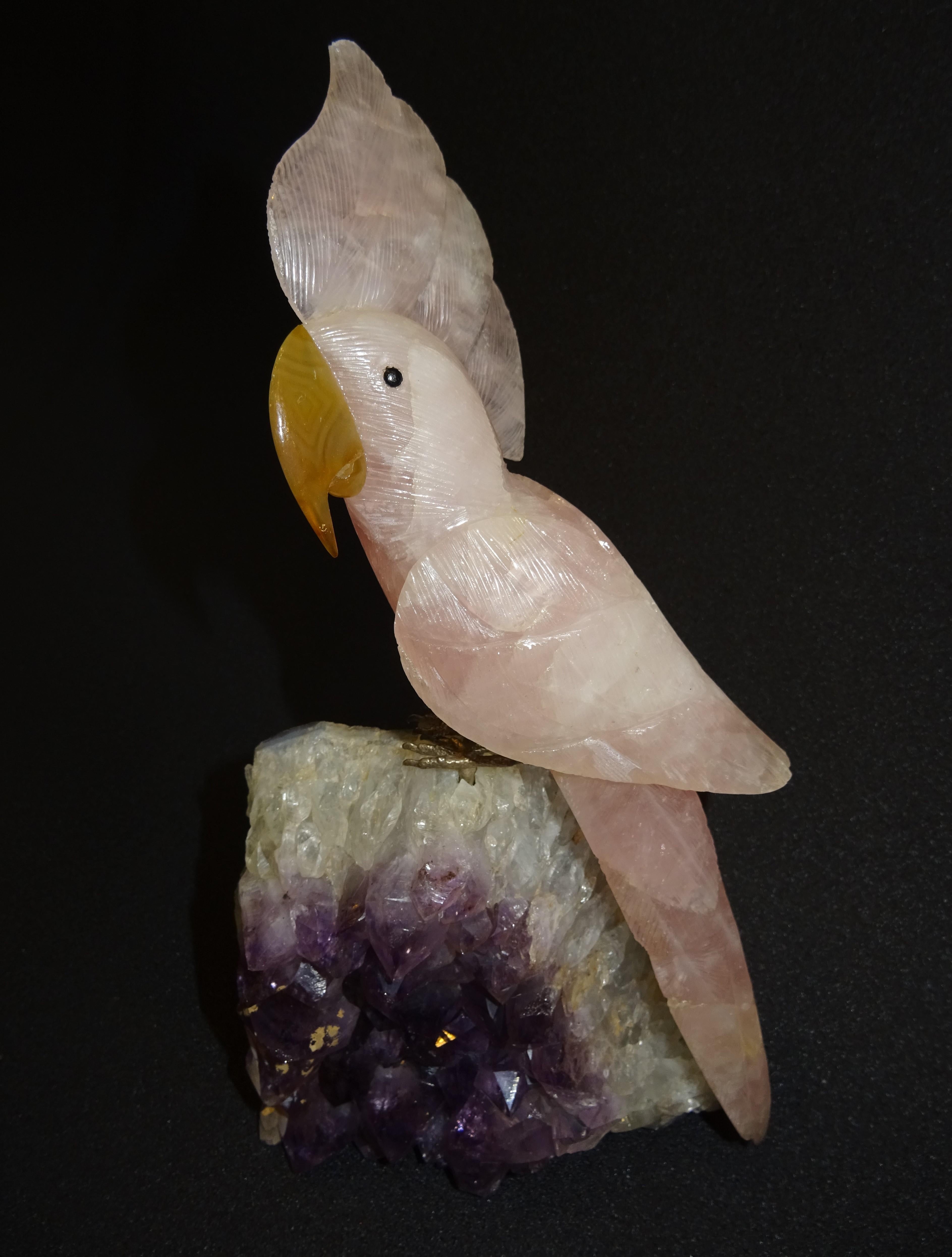 Drusa Parrot  in Brazilian Amethyst and Rose Quartz with Silver Legs, 1980s 6