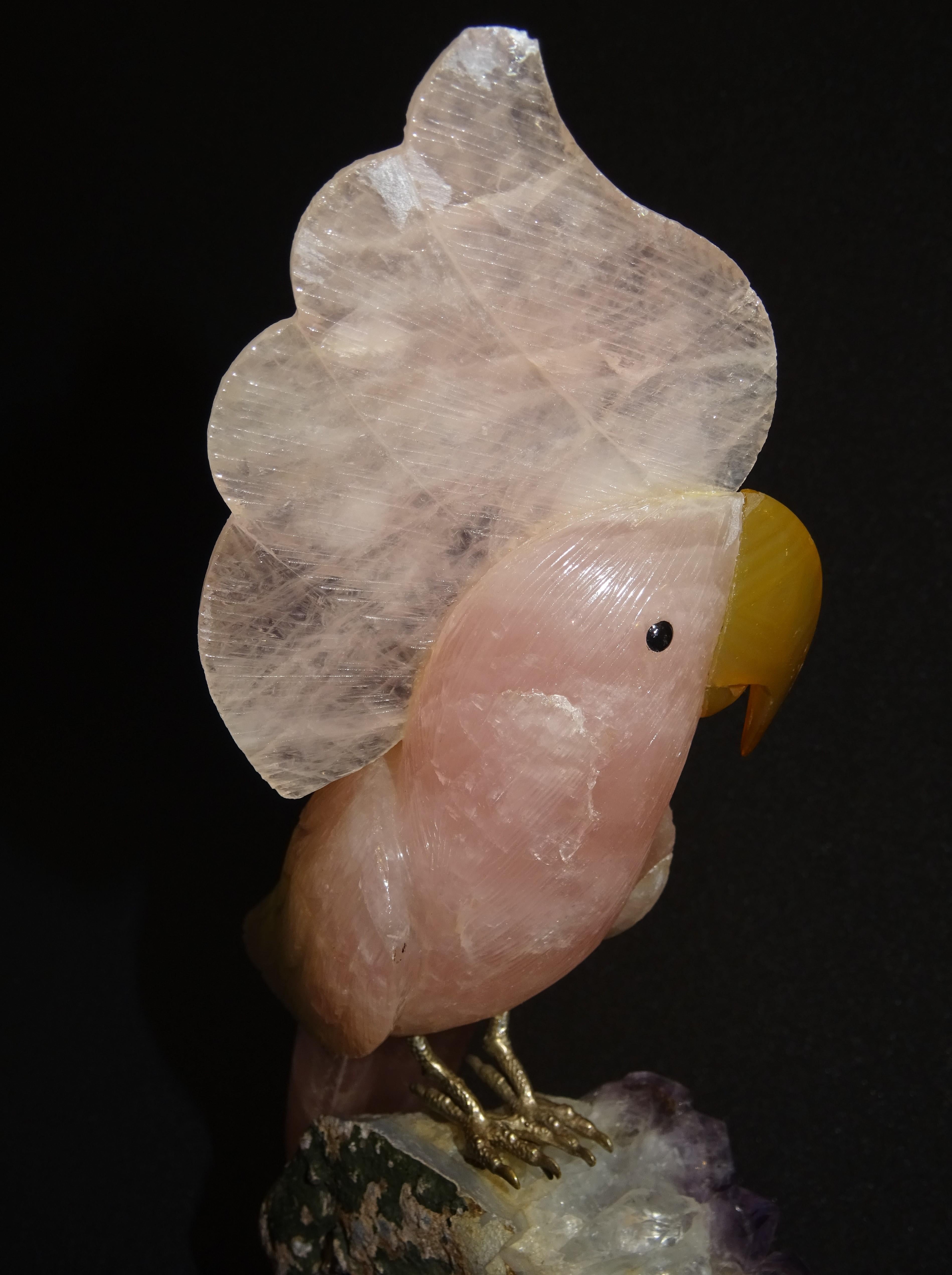 Drusa Parrot  in Brazilian Amethyst and Rose Quartz with Silver Legs, 1980s 1