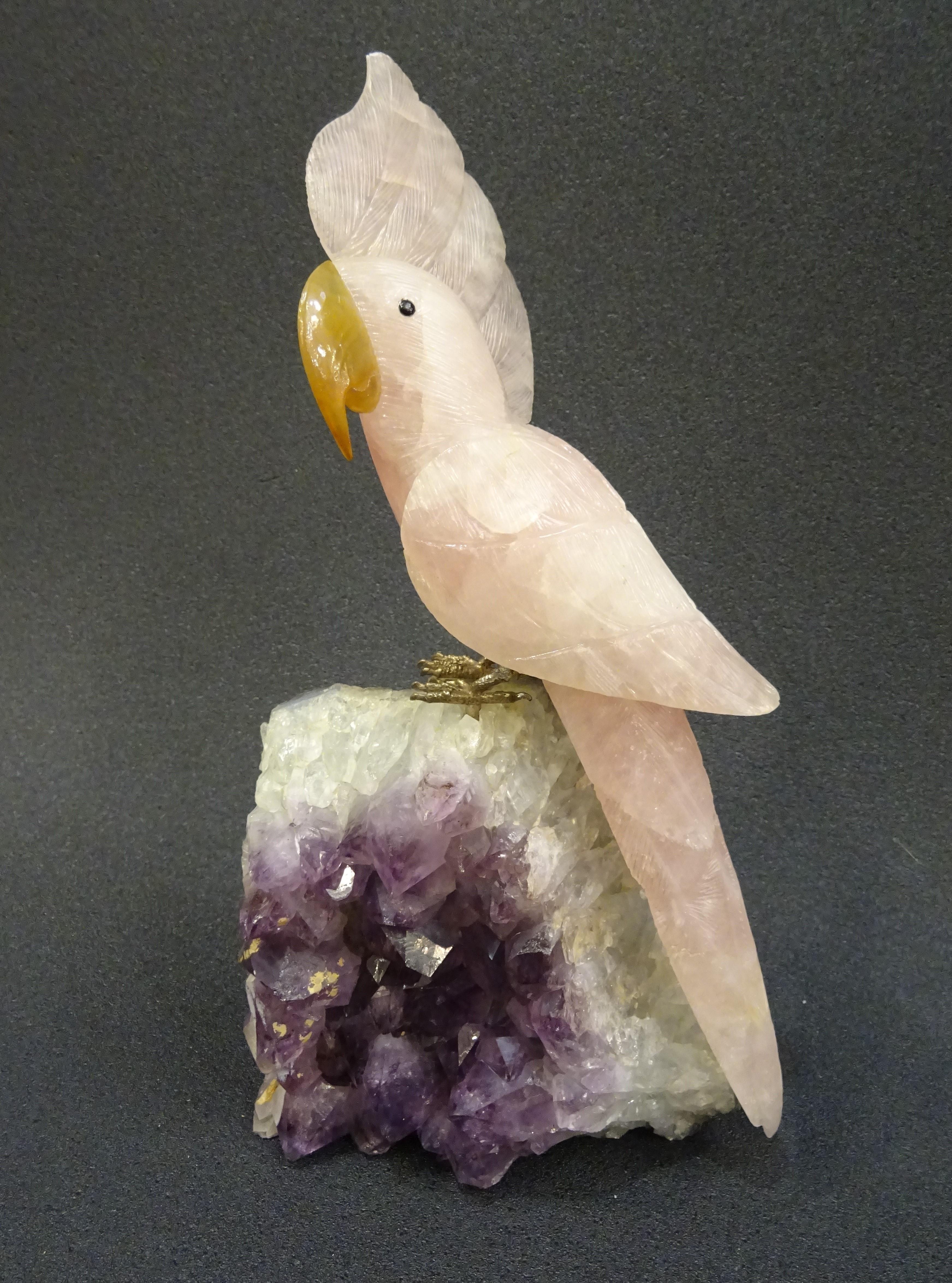 Drusa Parrot  in Brazilian Amethyst and Rose Quartz with Silver Legs, 1980s 2
