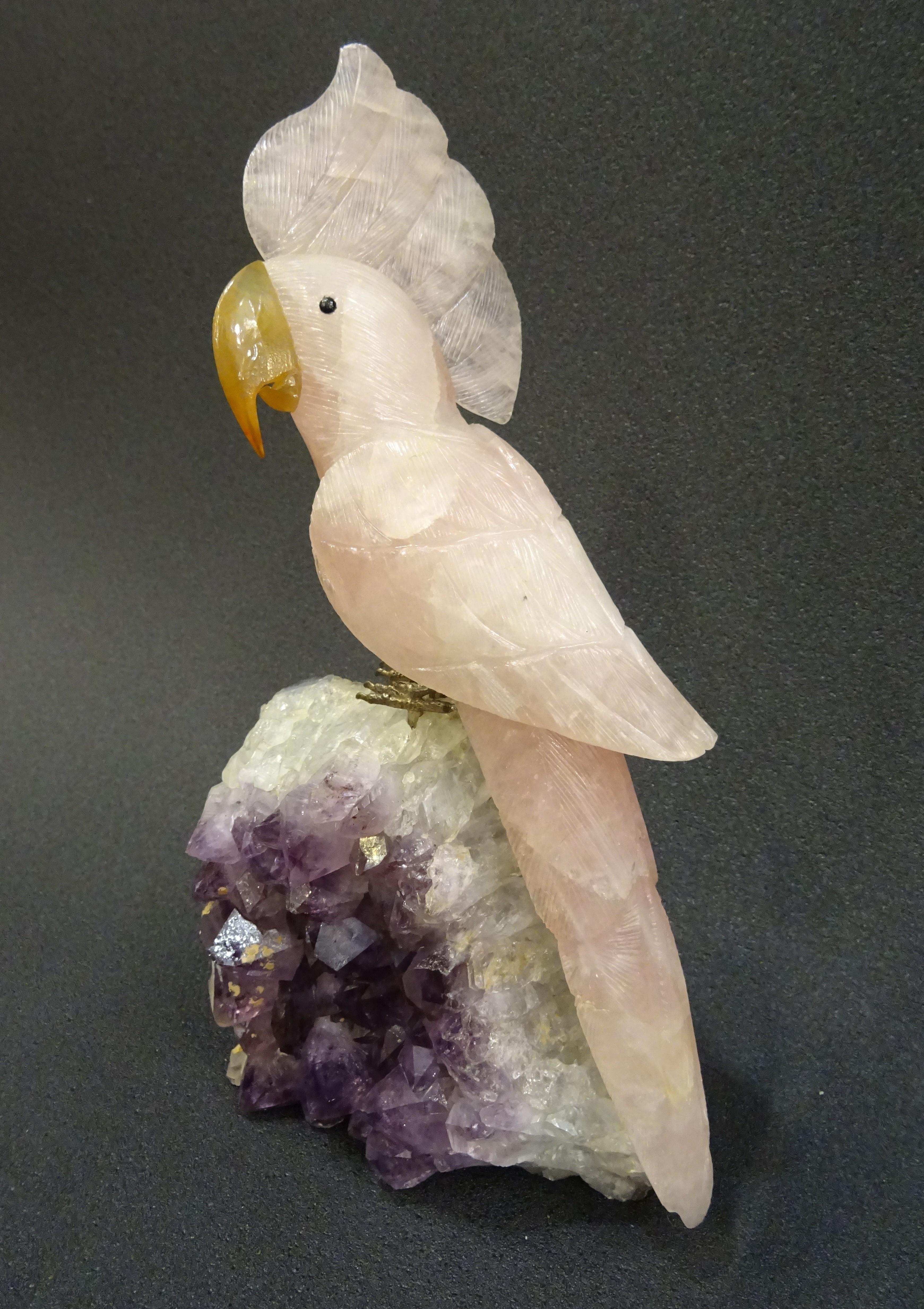 Drusa Parrot  in Brazilian Amethyst and Rose Quartz with Silver Legs, 1980s 3