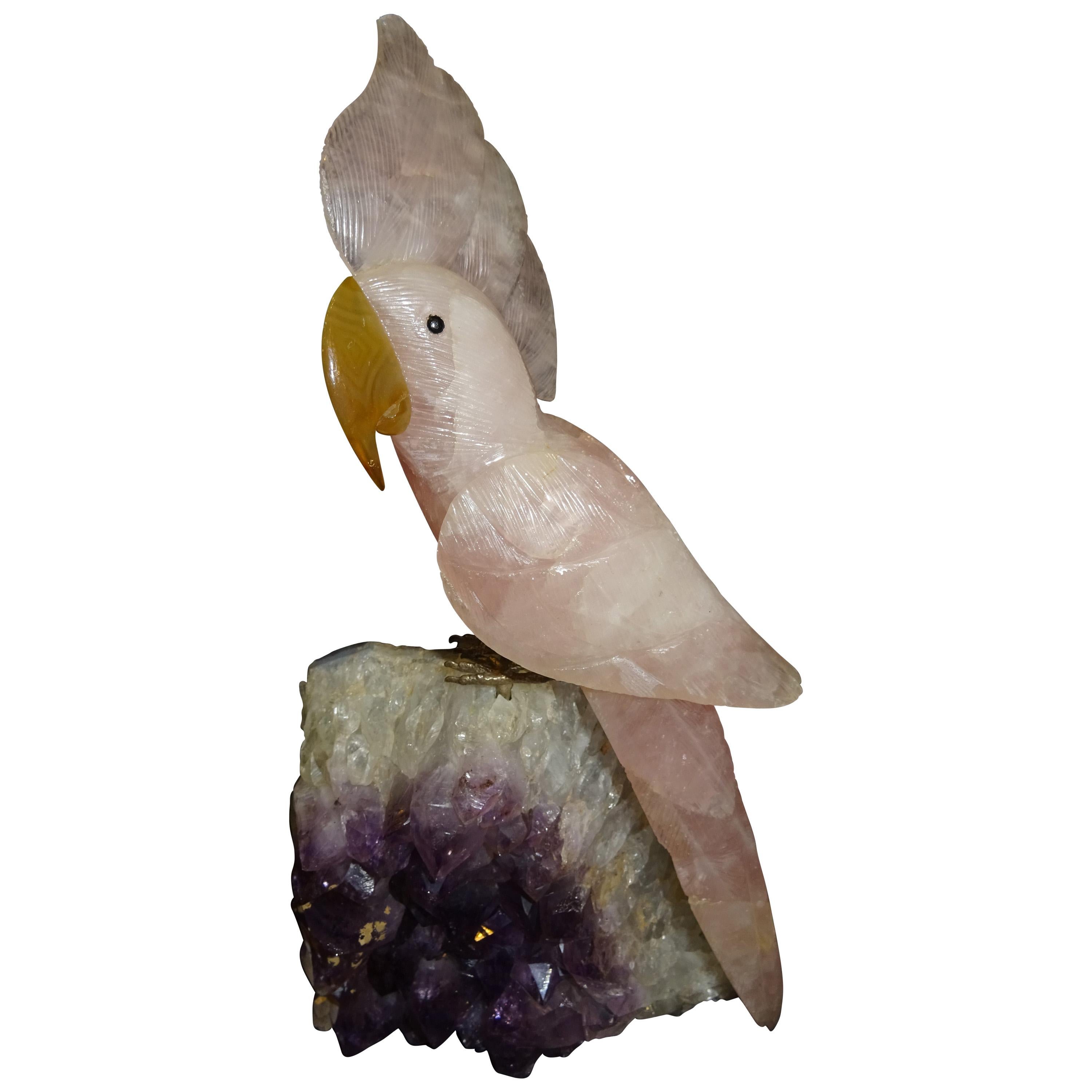 Drusa Parrot  in Brazilian Amethyst and Rose Quartz with Silver Legs, 1980s