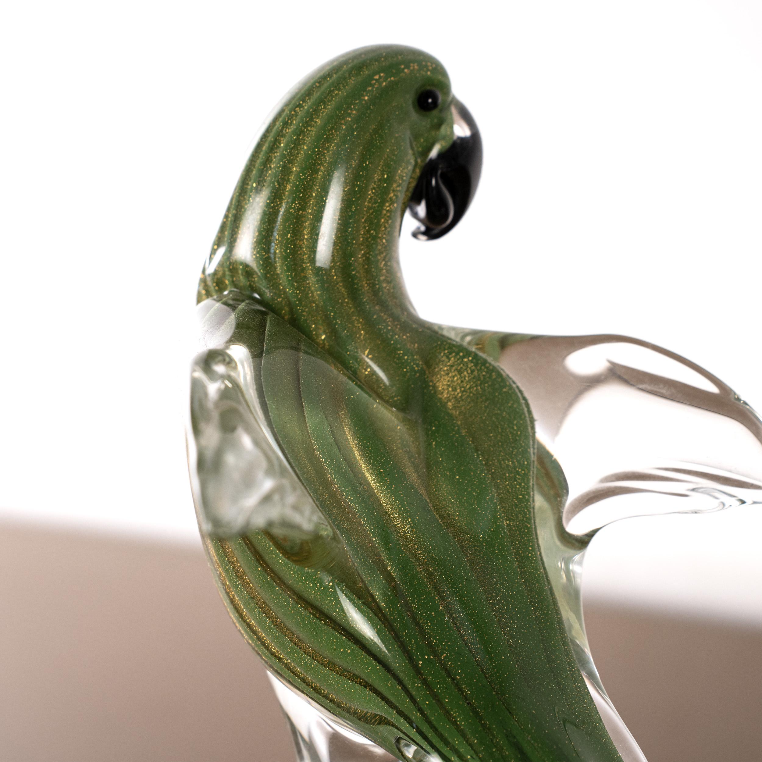 Italian Parrot Sculpture in Green Murano glass with crystal base, Italy in stock For Sale
