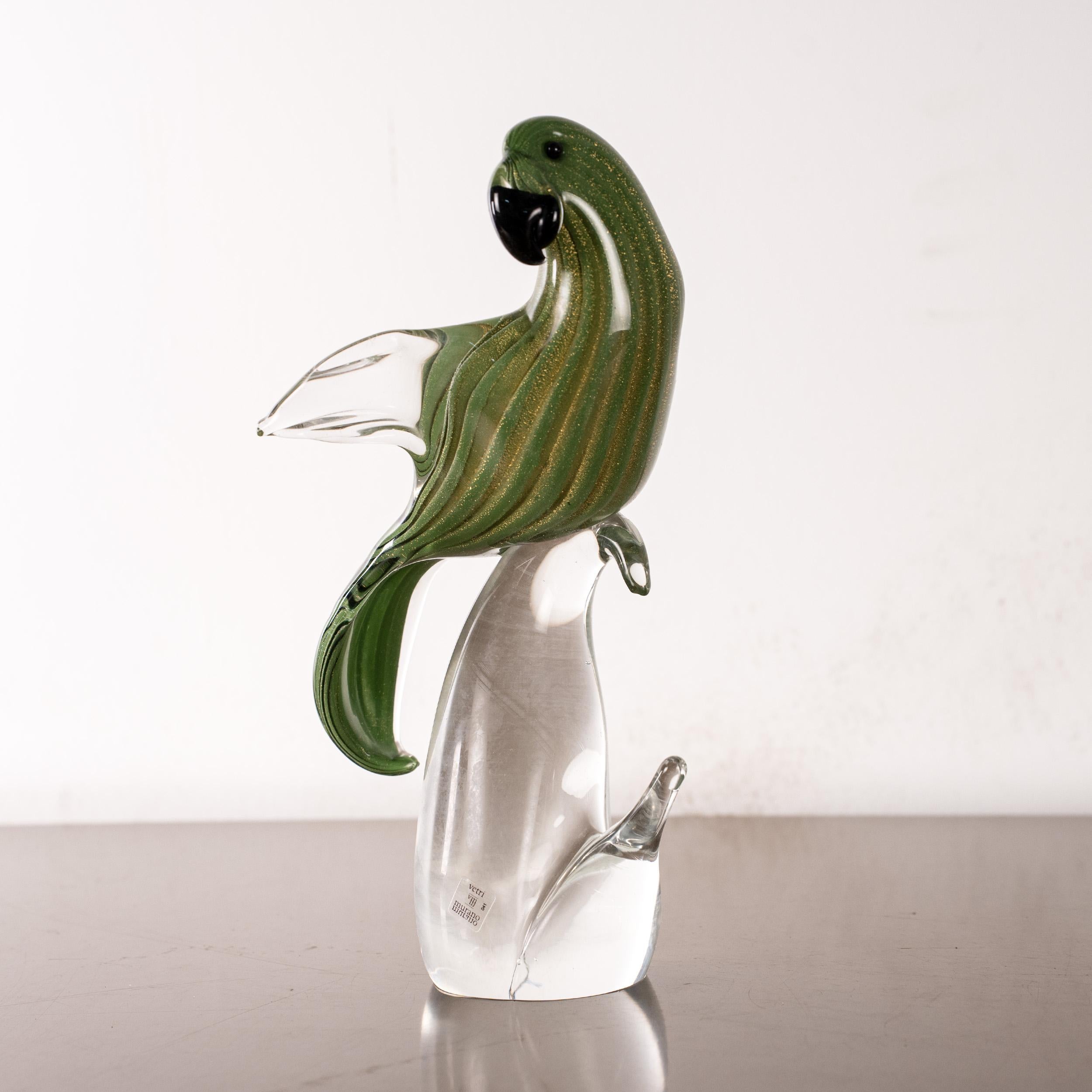 Murano Glass Parrot Sculpture in Green Murano glass with crystal base, Italy in stock For Sale