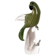 Parrot Sculpture in Green Murano glass with crystal base, Italy in stock