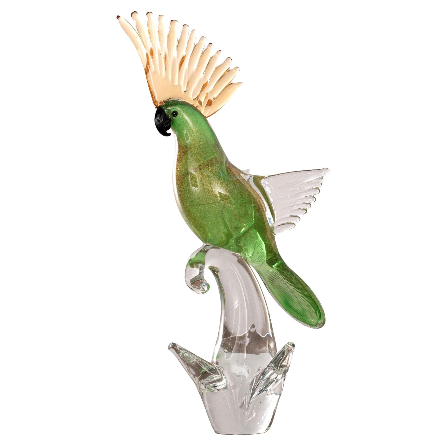 Pappagallo Scultura in vetro di Murano multicolore e oro, vintage Formia Venezia Italia