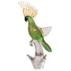 Parrot Sculpture multicolor Murano glass and gold, vintage Formia Venezia Italy