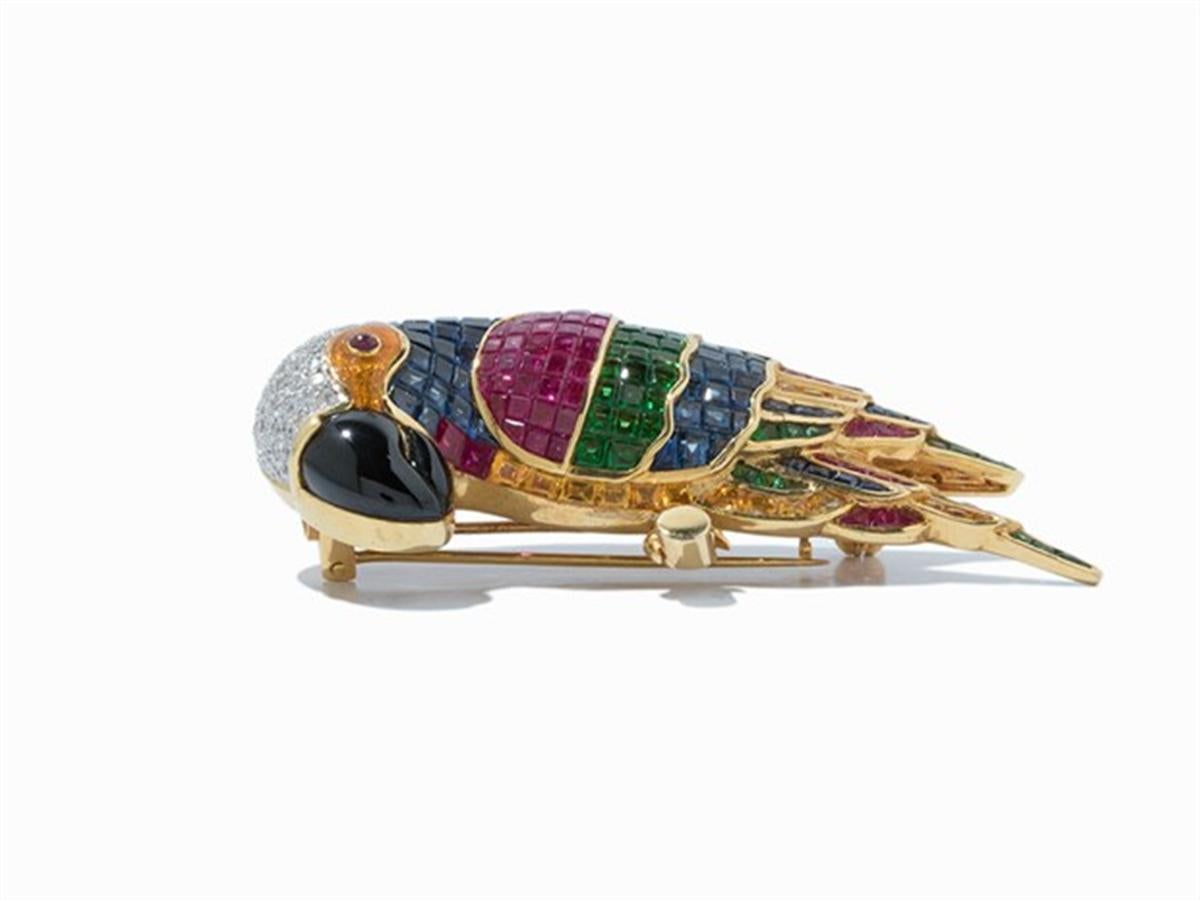 Modern Parrot Shaped Brooch Set with Precious Sapphire, rubies, tsavorites, diamond 18k