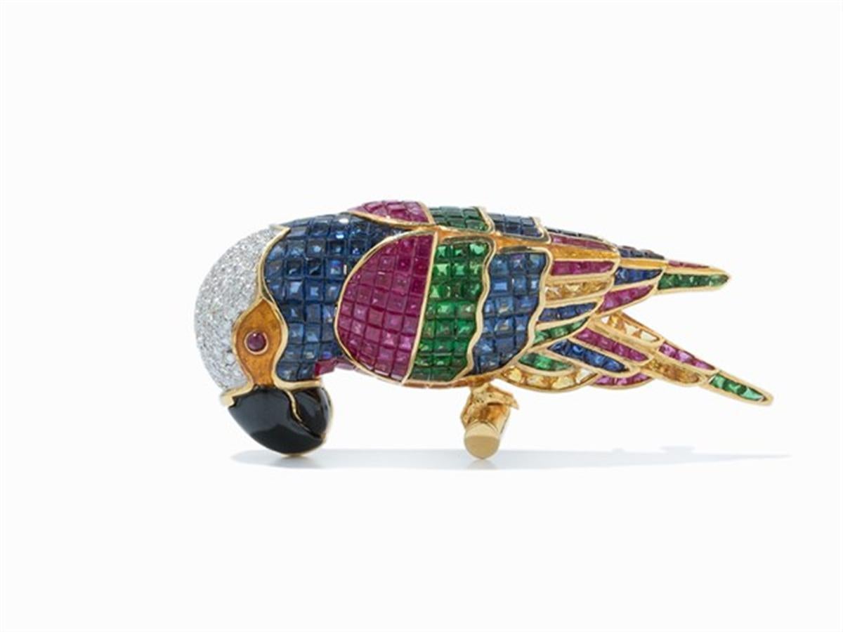 Women's Parrot Shaped Brooch Set with Precious Sapphire, rubies, tsavorites, diamond 18k