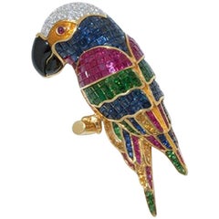 Parrot Shaped Brooch Set with Precious Stones, 750 Yellow Gold