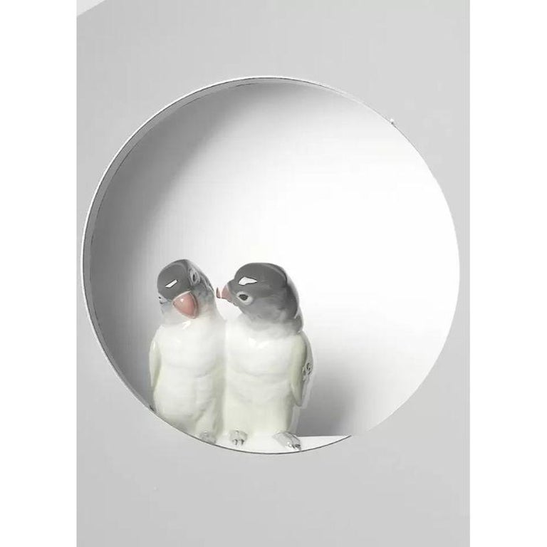 Parrot Shine I Wall Mirror with Two Glossy Porcelain Parakeets For Sale