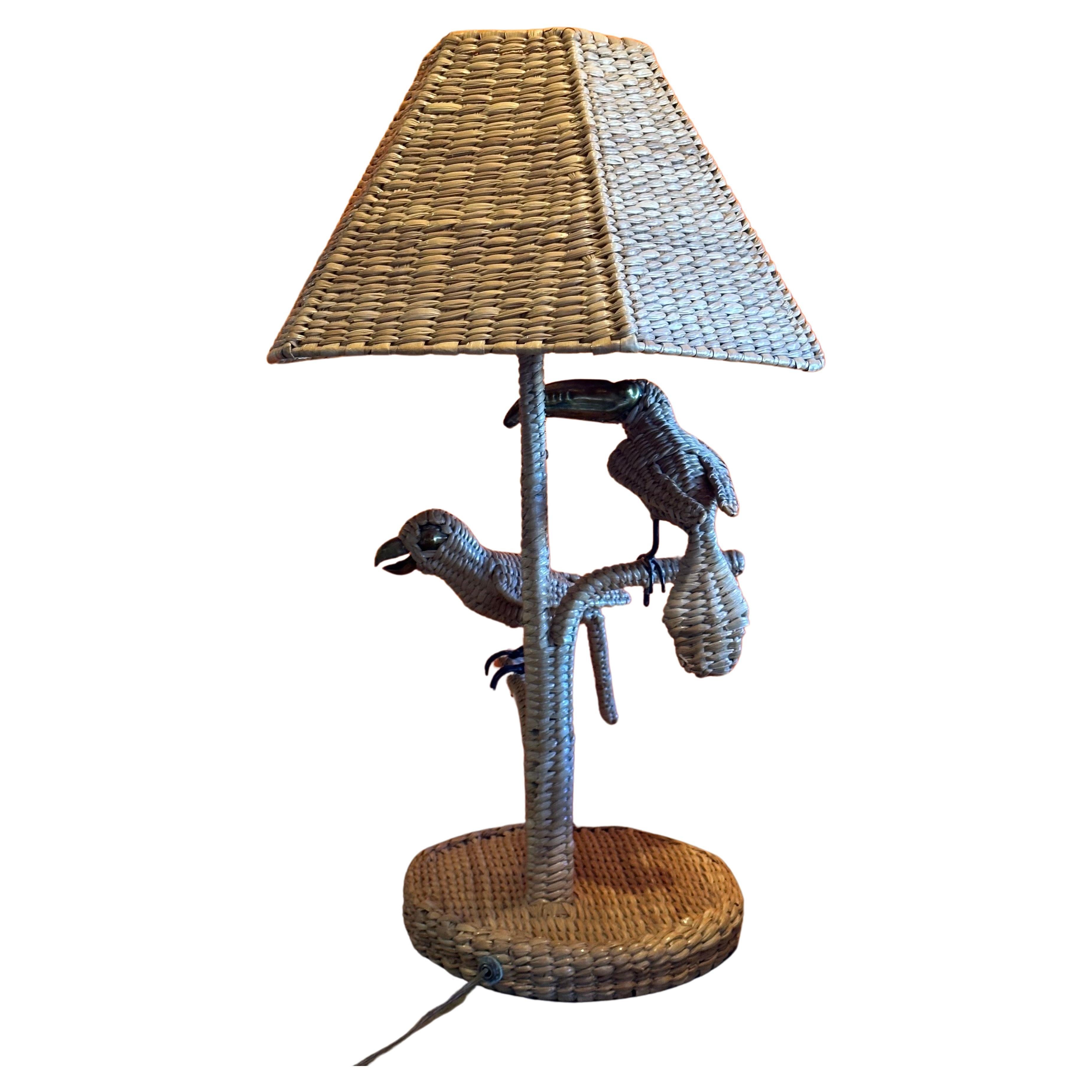 Mid-Century Modern Parrot & Toucan Wicker Table Lamp by Mario Lopez Torres For Sale