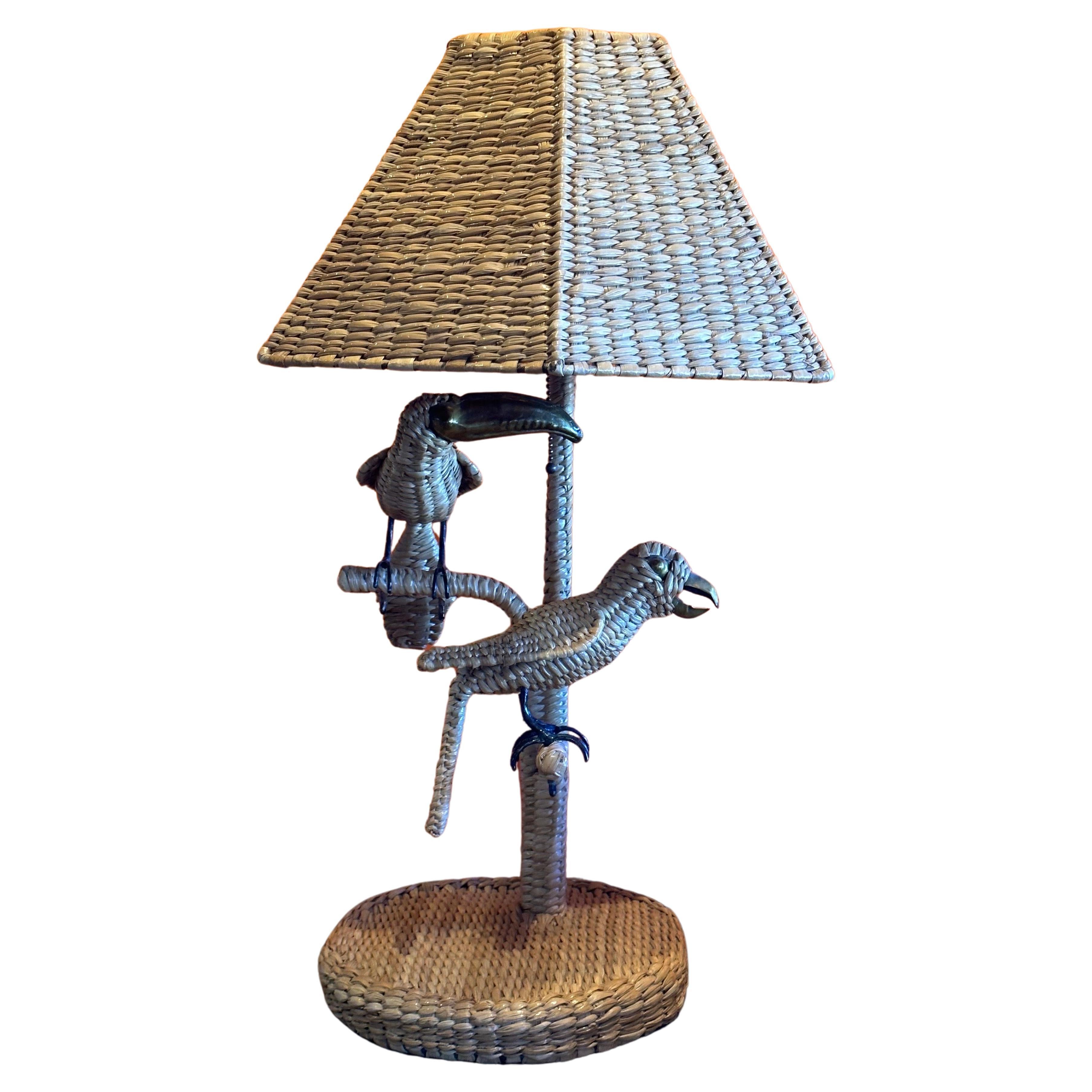 Mexican Parrot & Toucan Wicker Table Lamp by Mario Lopez Torres For Sale