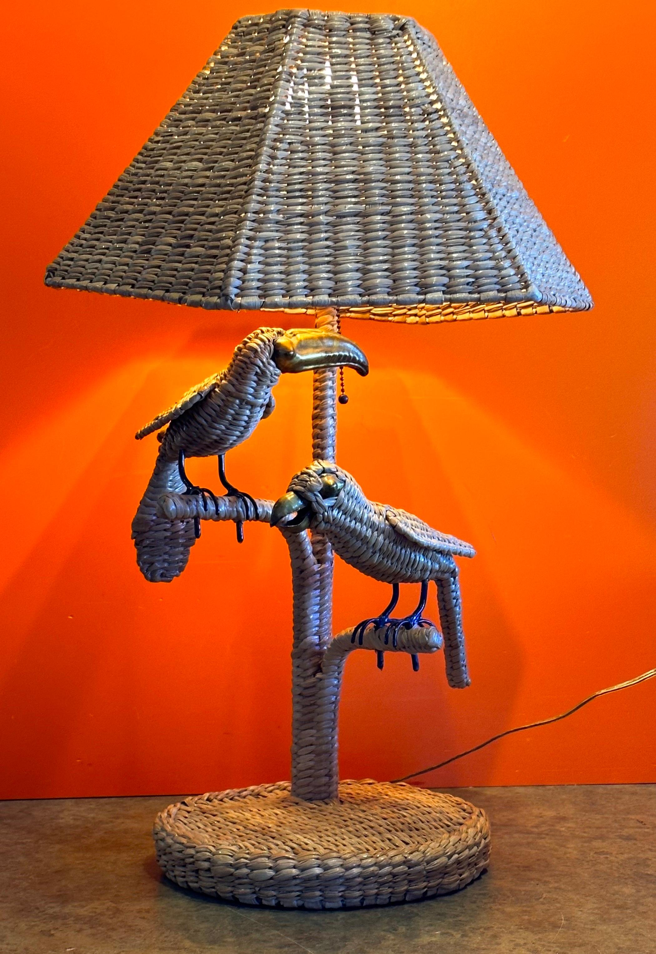Metal Parrot & Toucan Wicker Table Lamp by Mario Lopez Torres For Sale