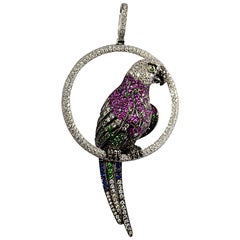 Parrot Tsavorite Sapphire Diamond White Golden Pendant
