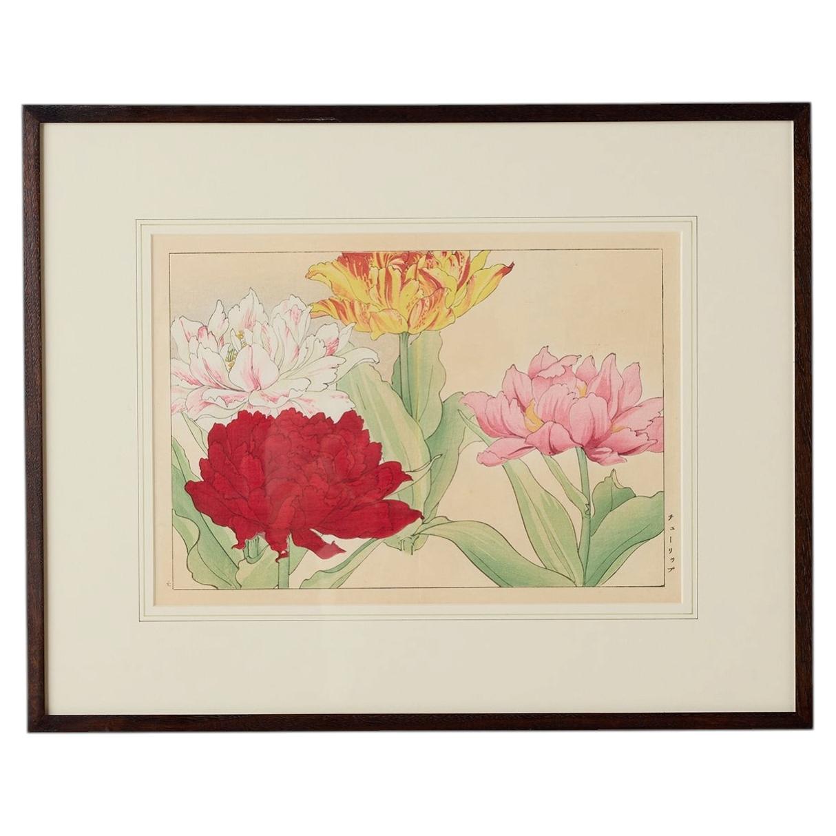 Parrot Tulip Woodblock Print by Tanigami Kōnan For Sale