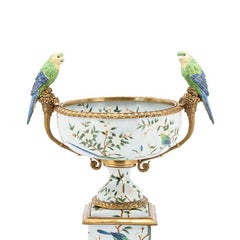 Parrots and Flowers Bowl or Cup in Porcelain and Bronze Finish