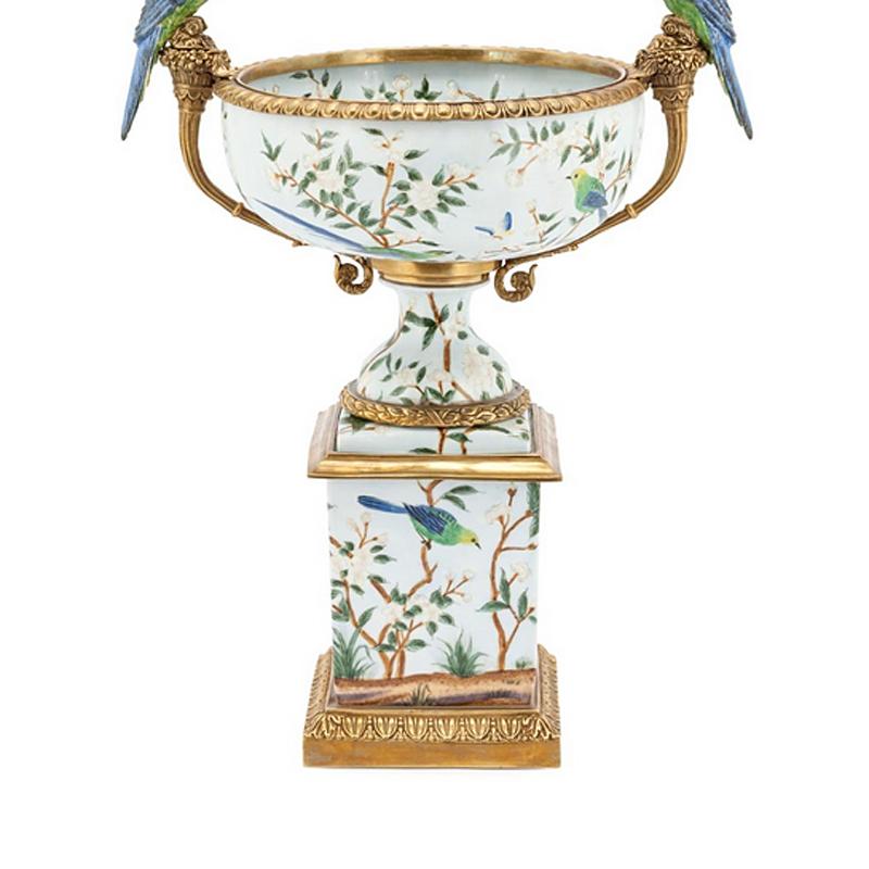 Italian Parrots and Flowers Bowl or Cup in Porcelain and Bronze Finish