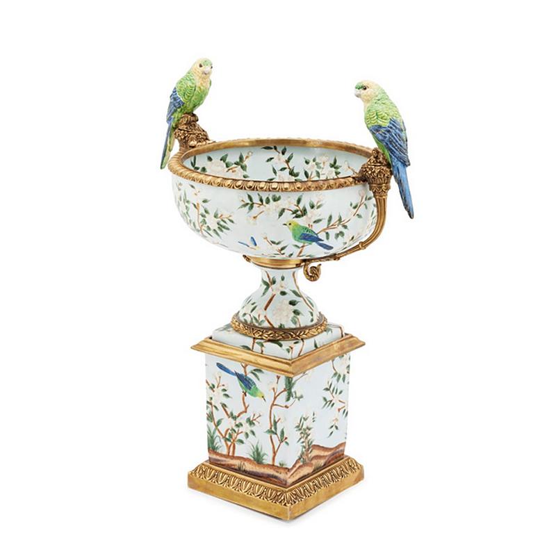 Italian Parrots and Flowers Bowl or Cup in Porcelain and Bronze Finish For Sale