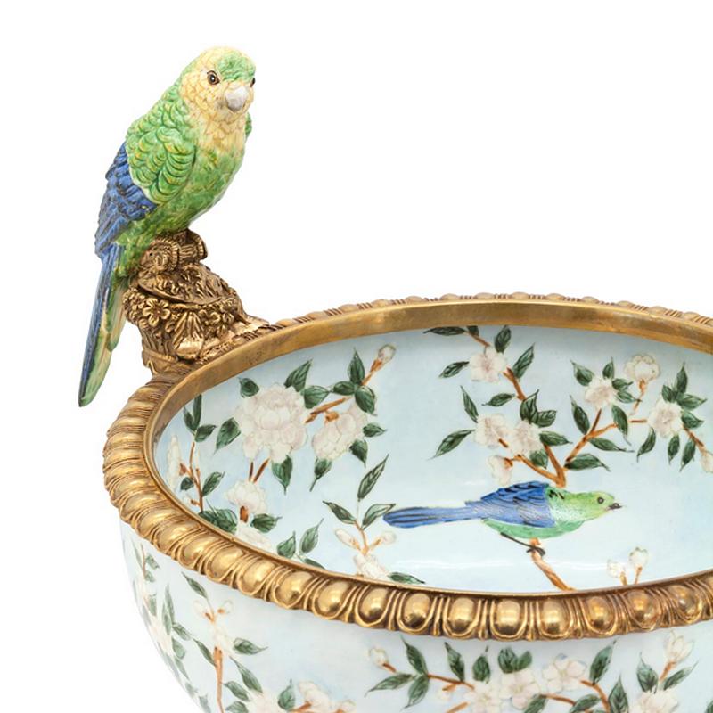 Contemporary Parrots and Flowers Bowl or Cup in Porcelain and Bronze Finish