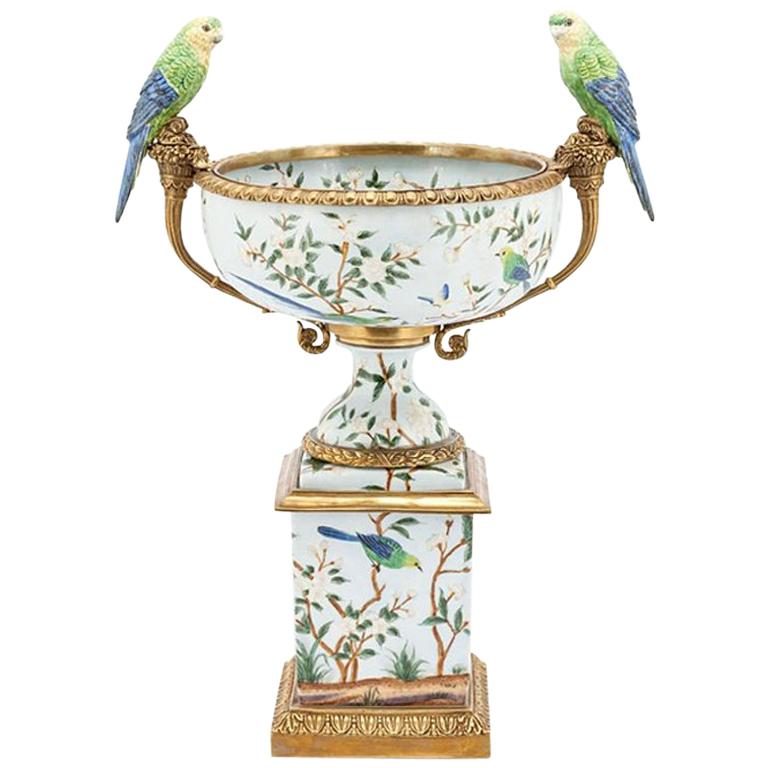 Parrots and Flowers Bowl or Cup in Porcelain and Bronze Finish For Sale