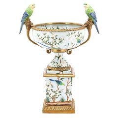 Parrots and Flowers Bowl or Cup in Porcelain and Bronze Finish