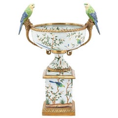 Parrots and Flowers Bowl or Cup in Porcelain and Bronze Finish