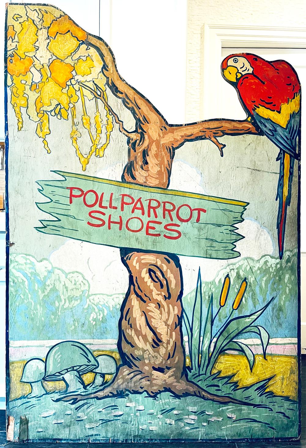 Dieses große, seltene Schild, das von einem Werbegrafiker brillant bemalt wurde, war möglicherweise das ehrgeizigste Marketingobjekt, das die Poll-Parrot Shoe Company, einer der führenden amerikanischen Anbieter von Kinderschuhen vom frühen 20.