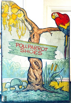 "Parrots and Trees, " Art Deco Painted Advertising Panel for Poll Parrot Shoes