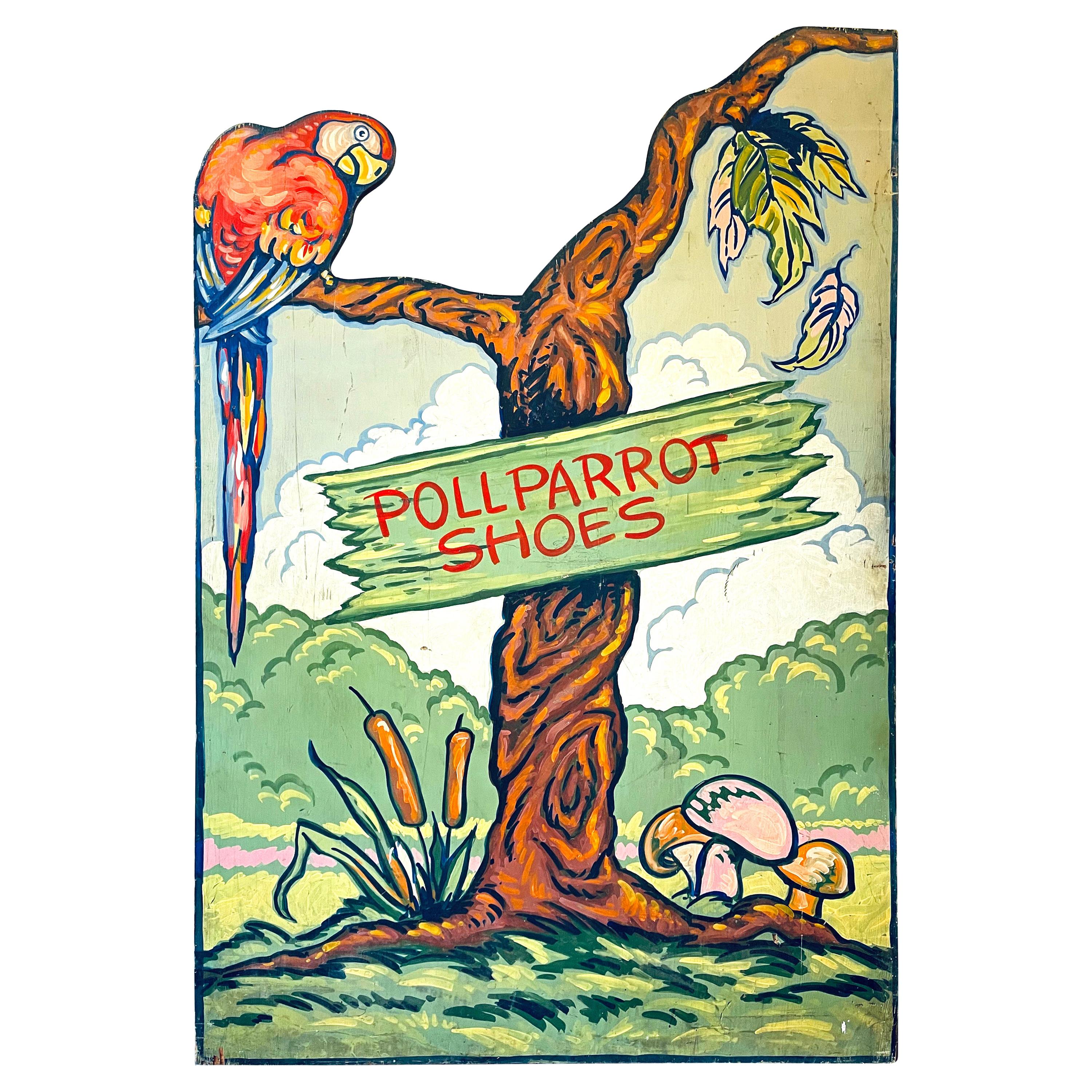 "Parrots and Trees, " Art Deco Painted Advertising Panel for Poll Parrot Shoes For Sale