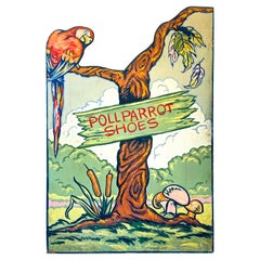 Vintage "Parrots and Trees, " Art Deco Painted Advertising Panel for Poll Parrot Shoes