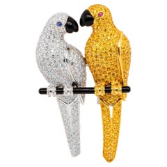 Parrots Brooch Canary and White Diamonds 29 Carats Total 18k Gold
