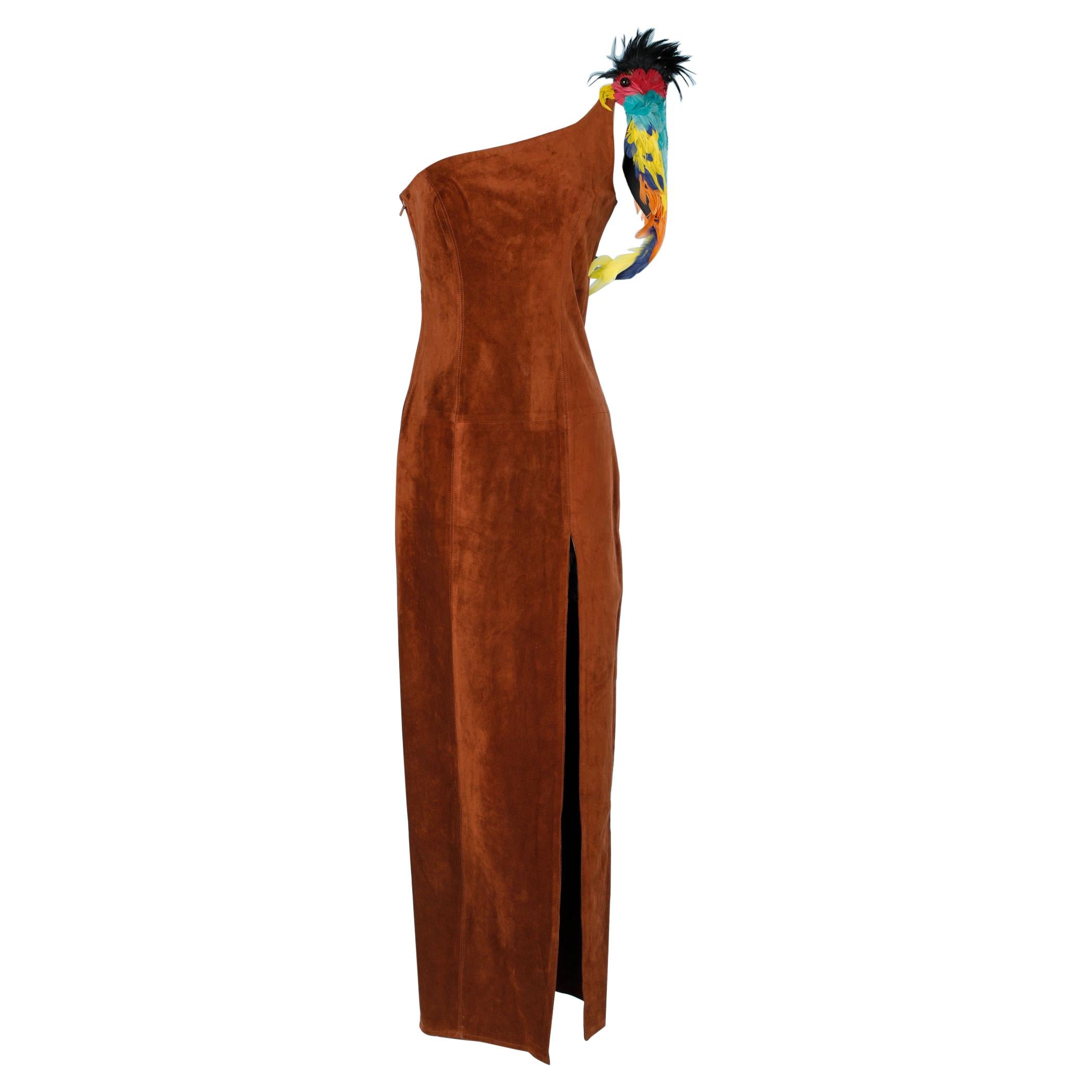 Parrots brown suede asymetrical dress S.S 1992 Chantal Thomass 