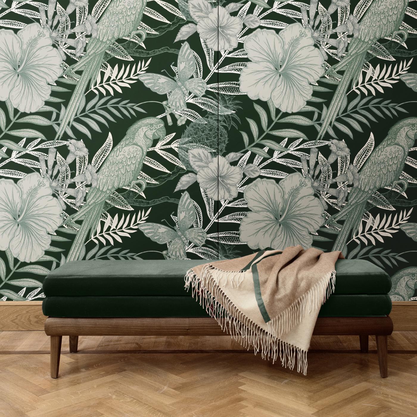 Dramatically rendering a negative photograph, this wall covering is a superb decoration for an eclectic bedroom, modern entryway, or classic study. In it, a green background is enlivened by an exotic scene in which parrots, flying butterflies, and