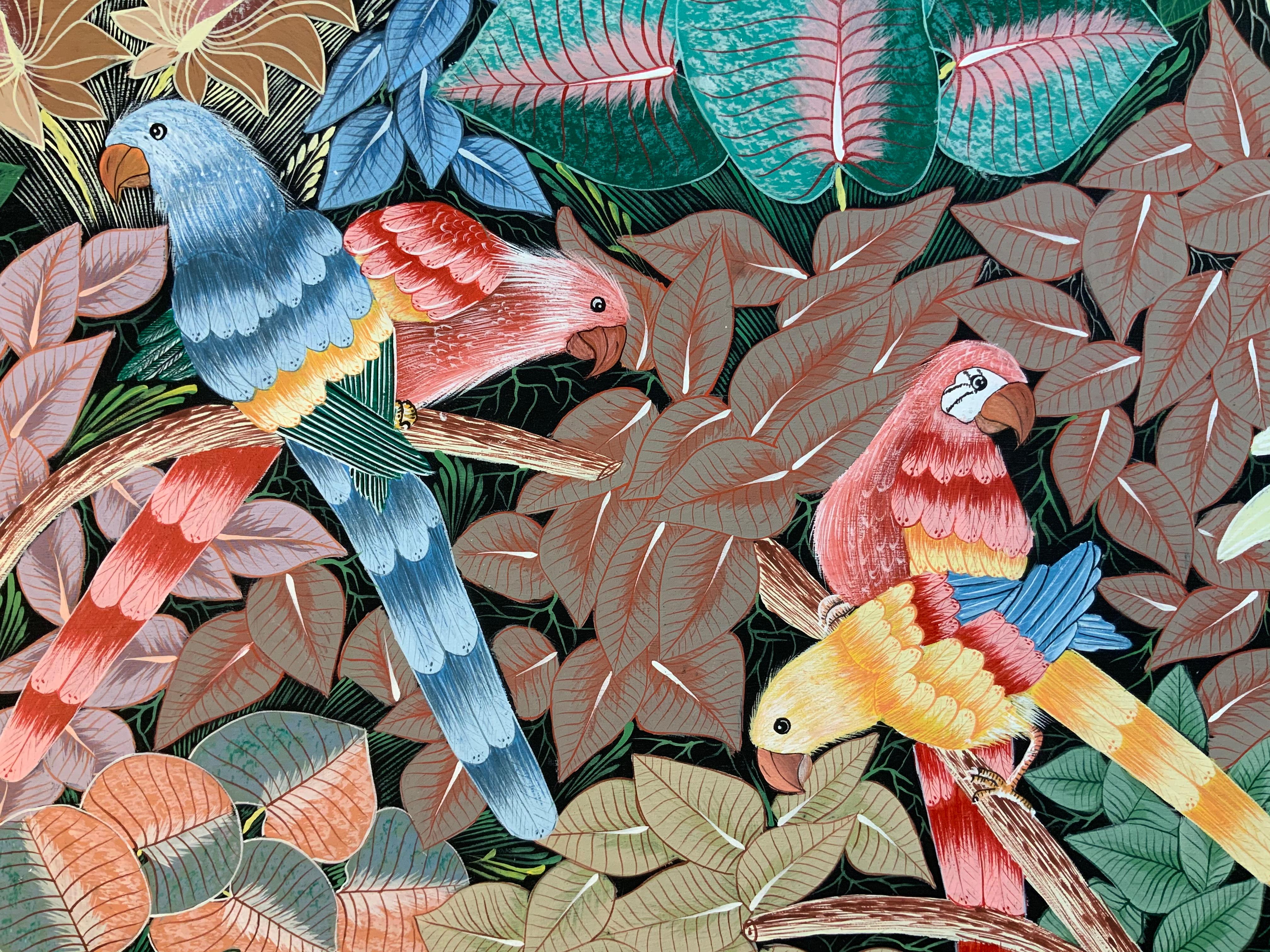 Peinture acrylique sur toile Haitian « Parrots in the Jungle » (Perroquets dans la jungle) en vente 5