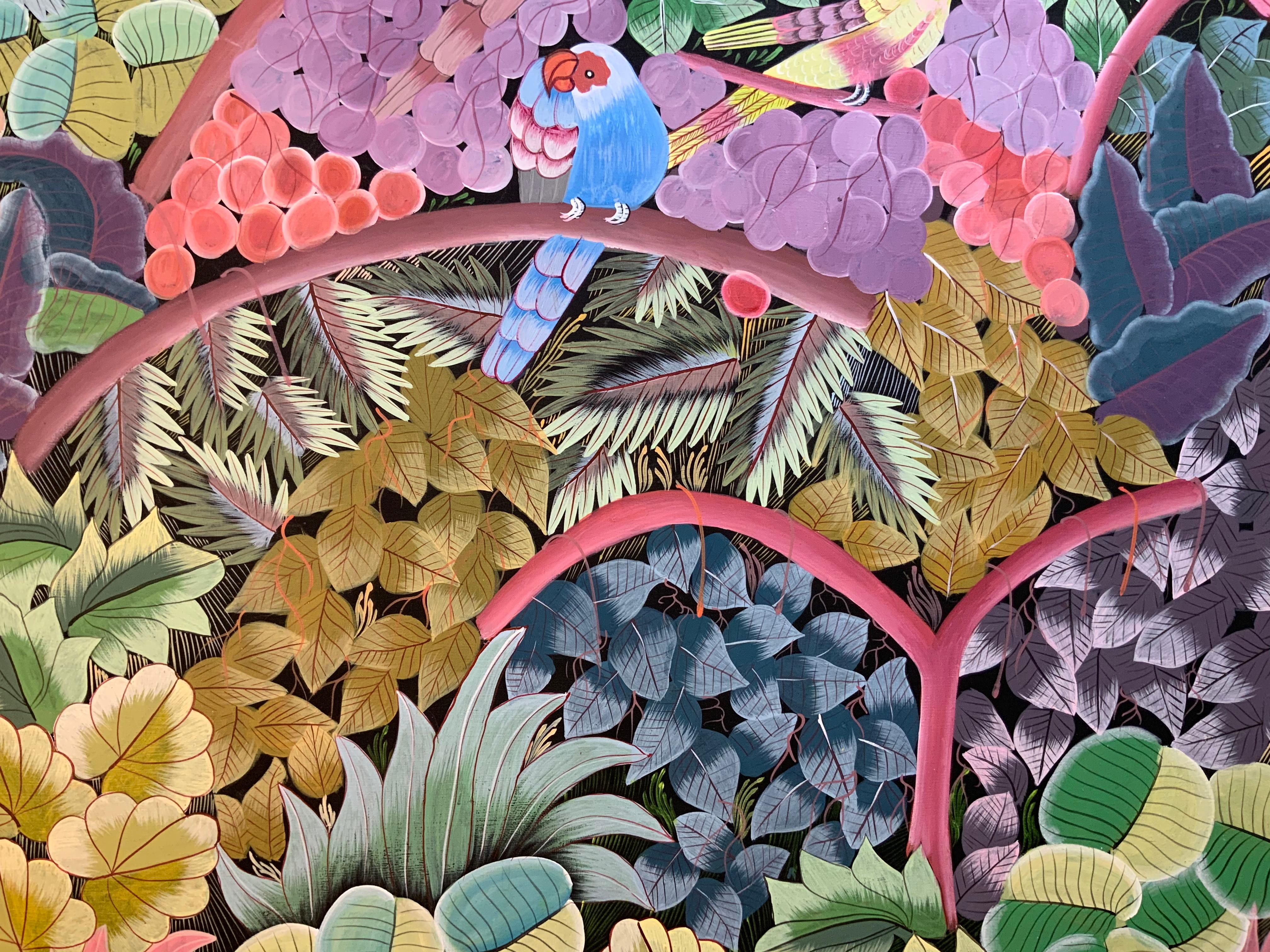 Loros en la selva Pintura acrílica haitiana sobre lienzo en venta 5
