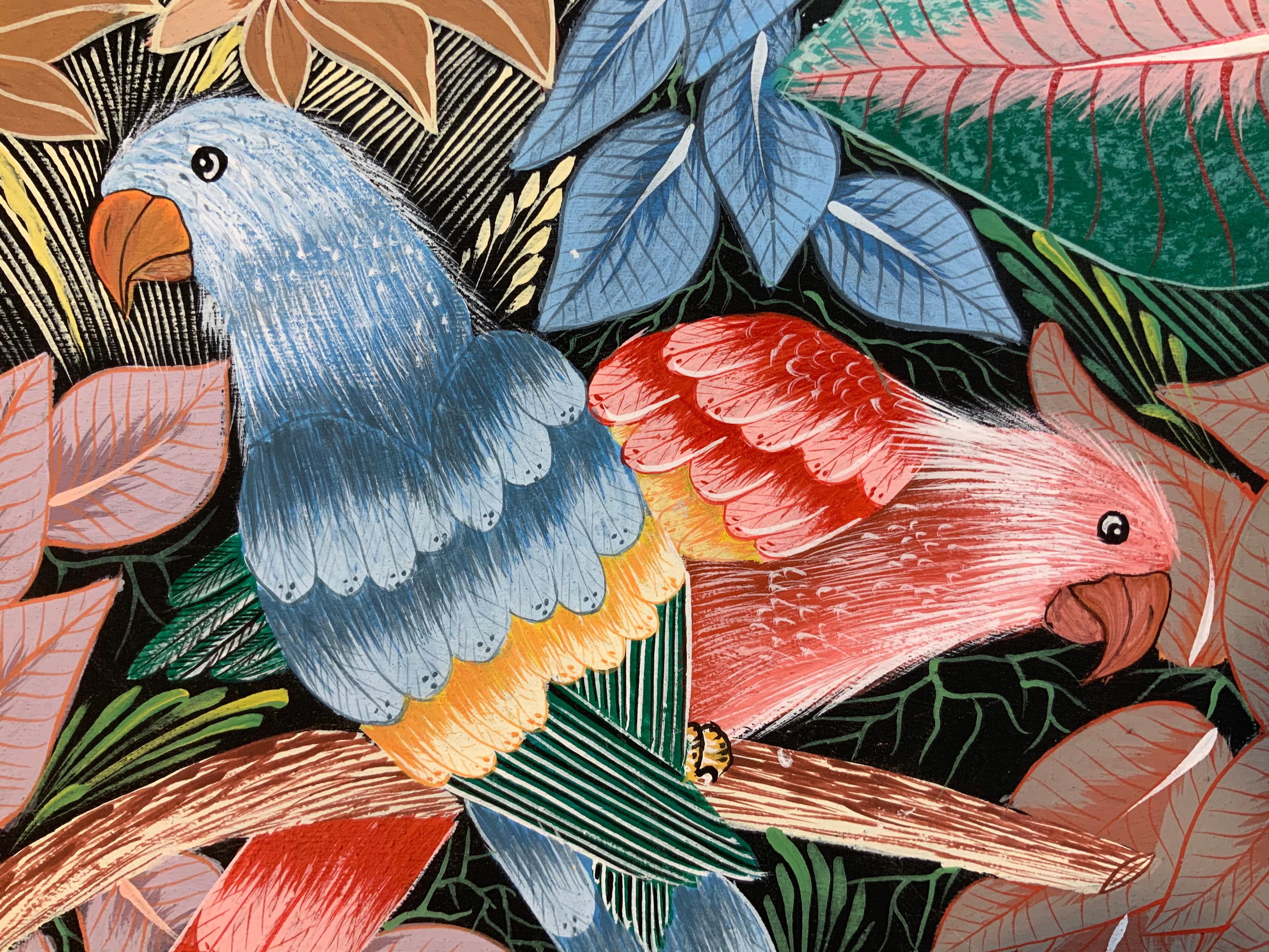 Peinture acrylique sur toile Haitian « Parrots in the Jungle » (Perroquets dans la jungle) en vente 6