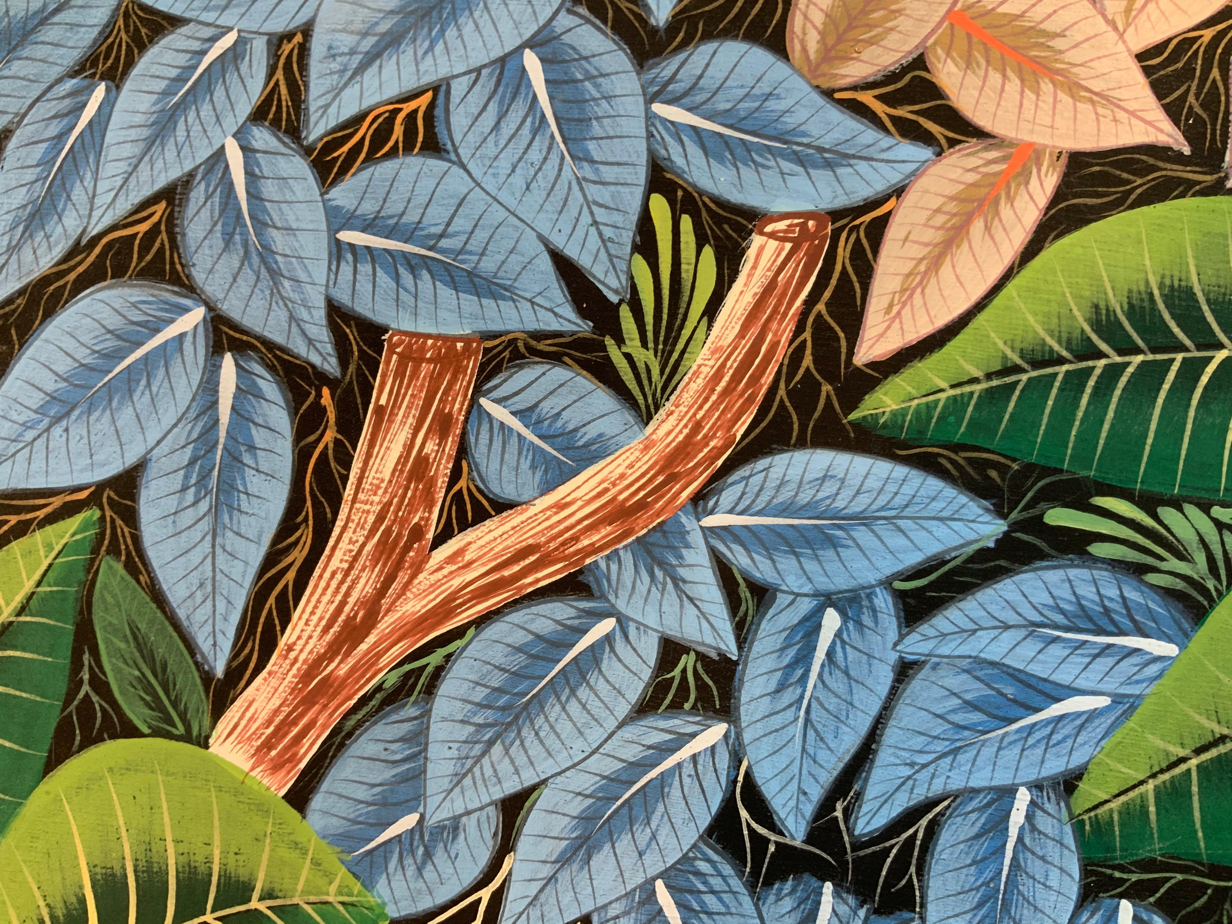 Peinture acrylique sur toile Haitian « Parrots in the Jungle » (Perroquets dans la jungle) en vente 9