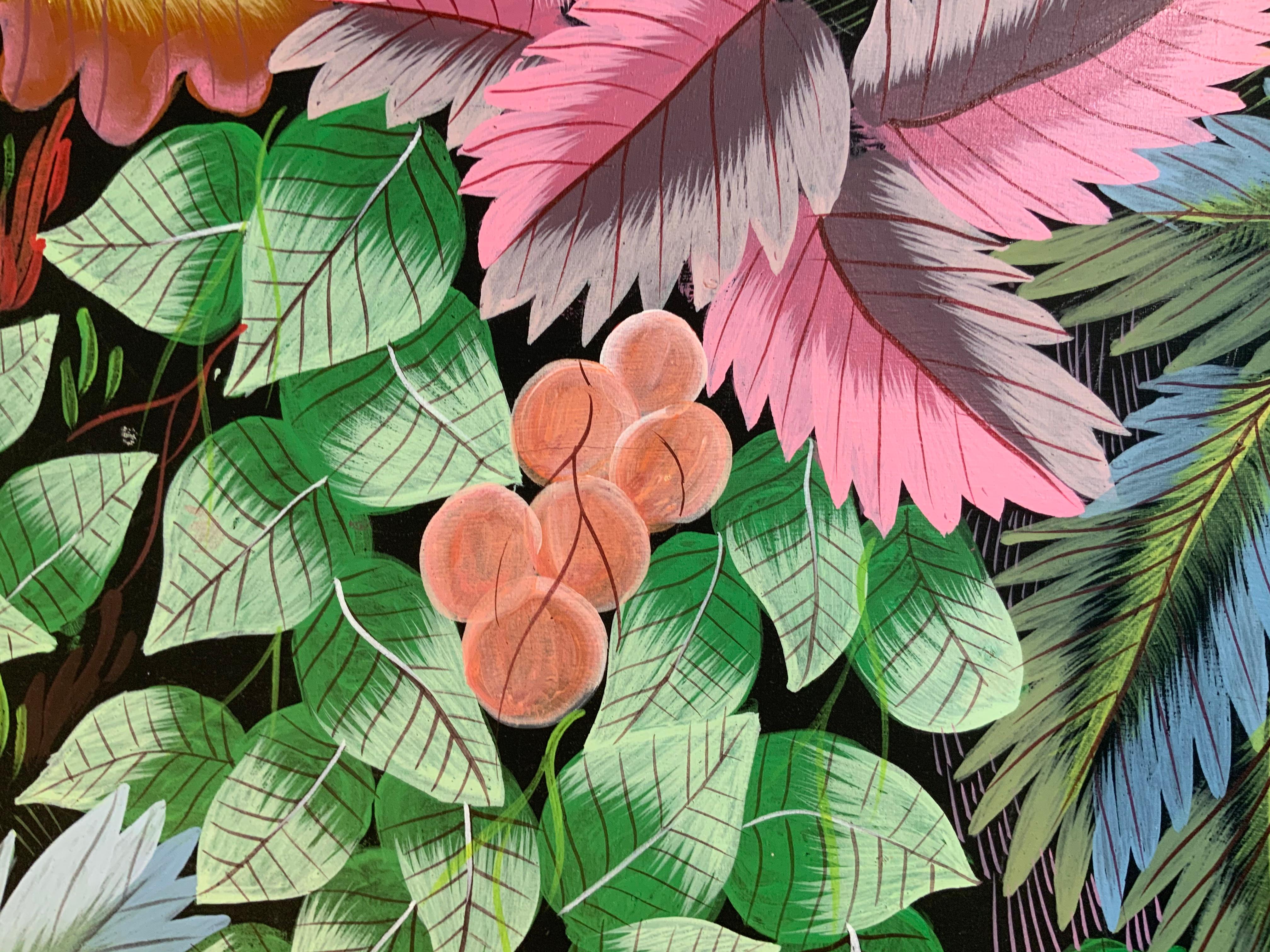 Loros en la selva Pintura acrílica haitiana sobre lienzo en venta 9