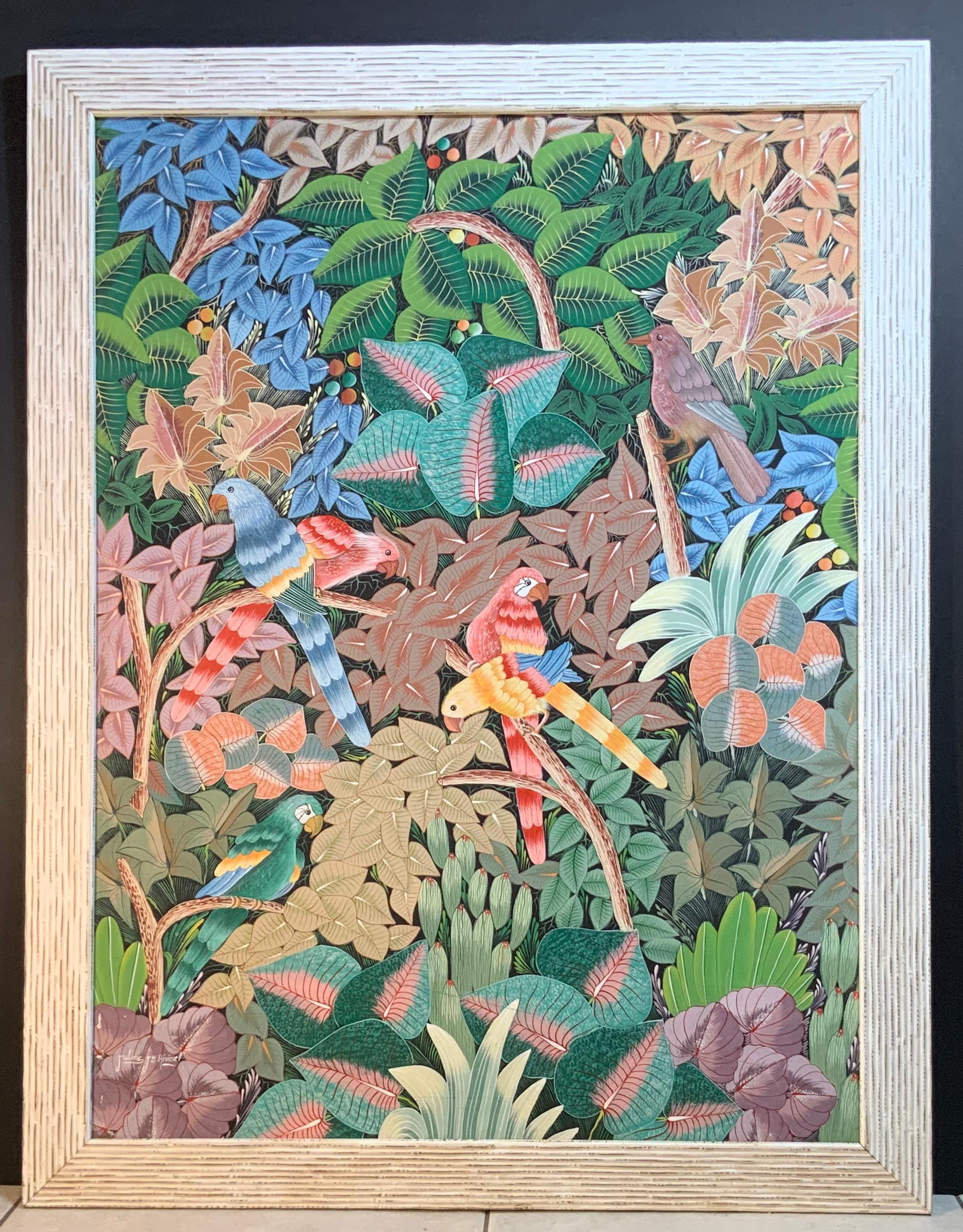 Peinture acrylique sur toile Haitian « Parrots in the Jungle » (Perroquets dans la jungle) en vente 10