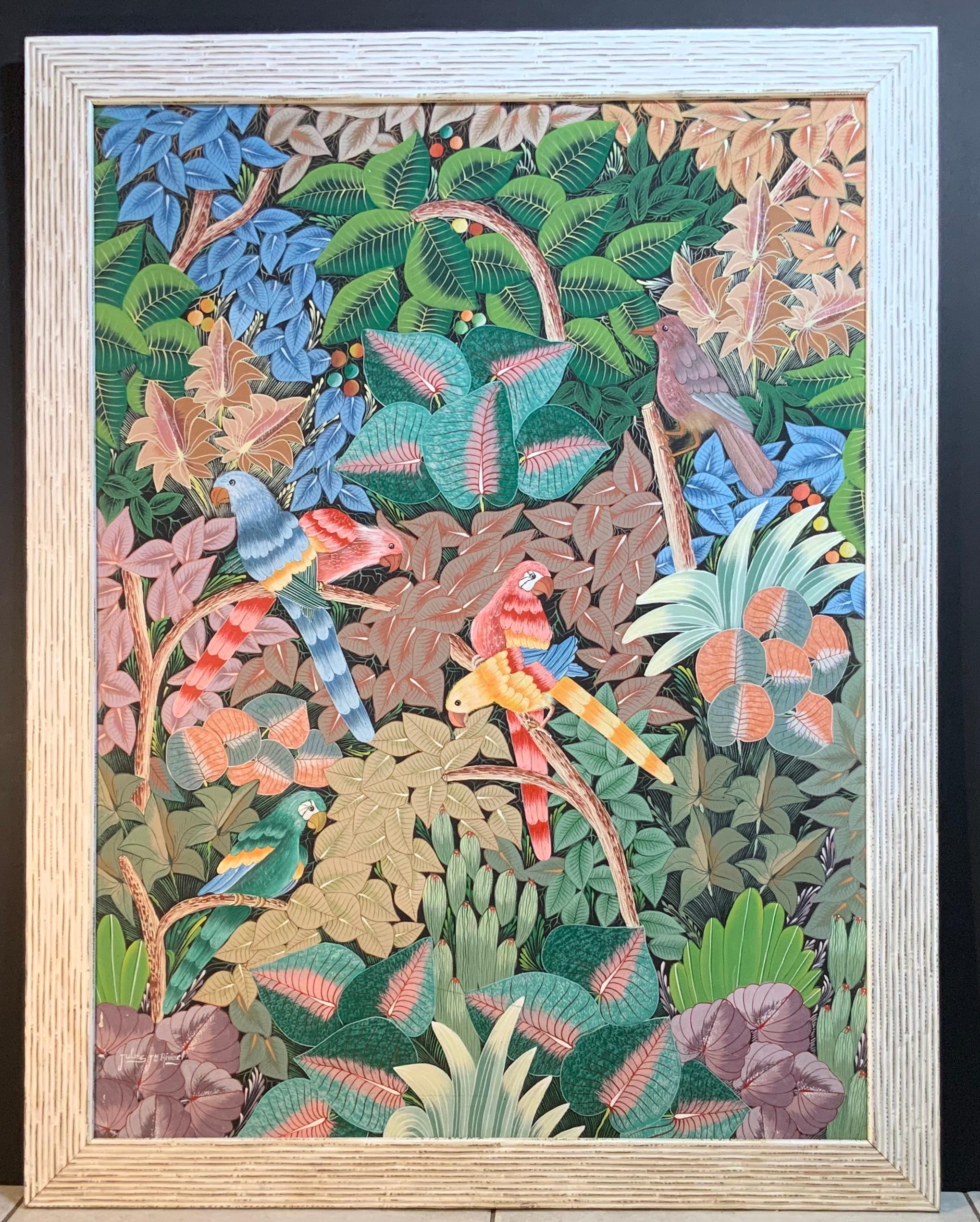 Peinture acrylique sur toile Haitian « Parrots in the Jungle » (Perroquets dans la jungle) en vente 11