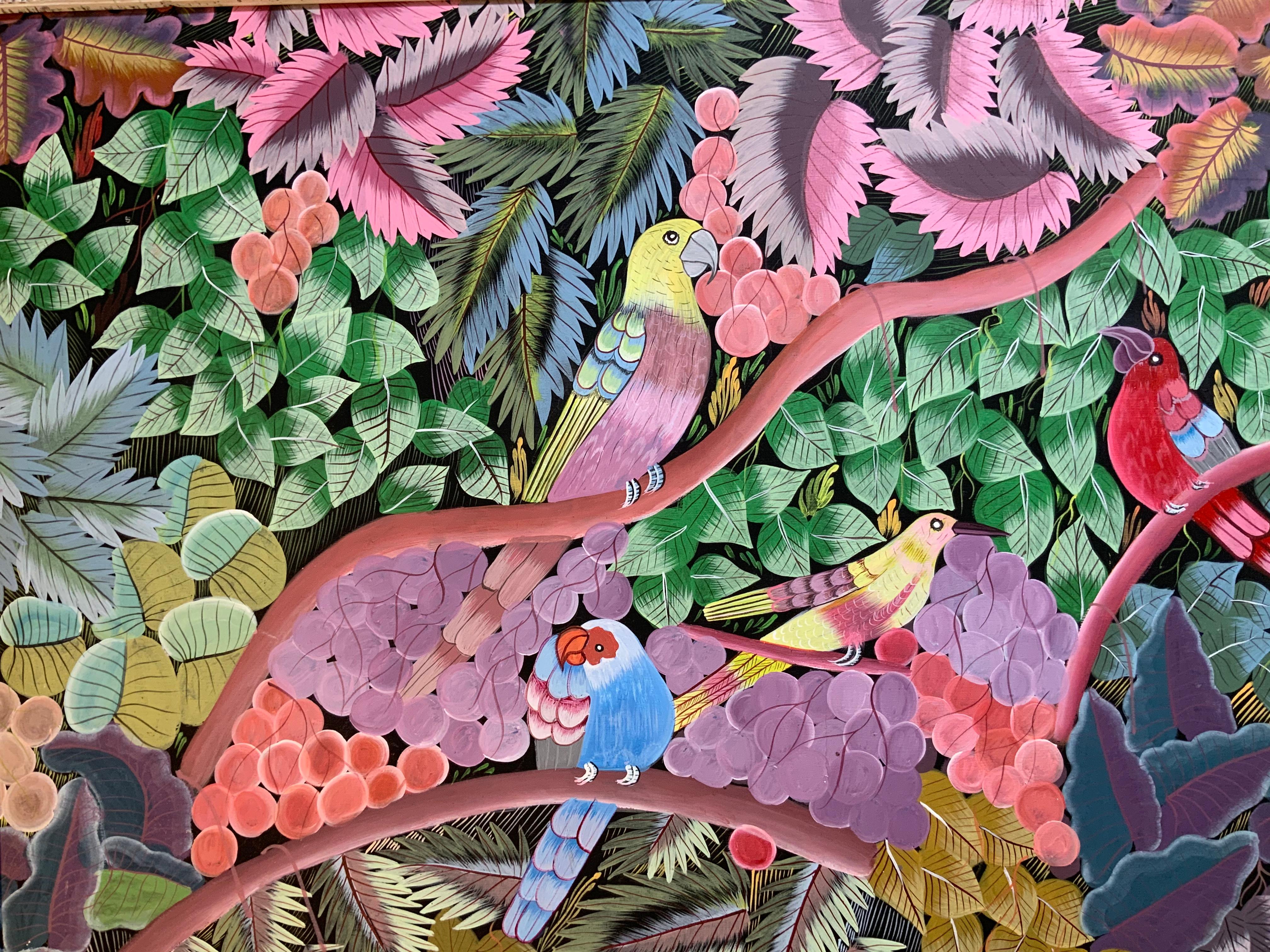 Papageien im Dschungel Haitianische Acryl auf Leinwand Gemälde im Angebot 15