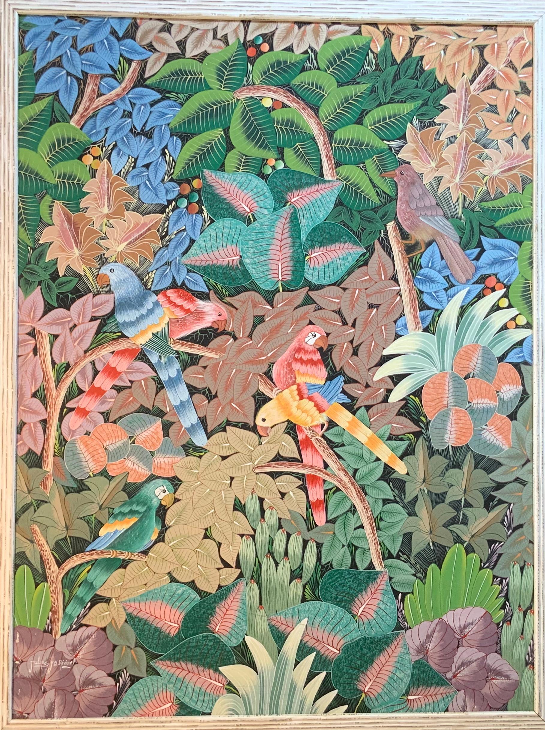 Exceptional oil painting on canvas by Haitian artist depicts lush green jungle with bright and vivid colorful parrots overlooking beautiful lush jungle, acrylic paint on canvas, with decorative bamboo like quality wood frame. Signed by the