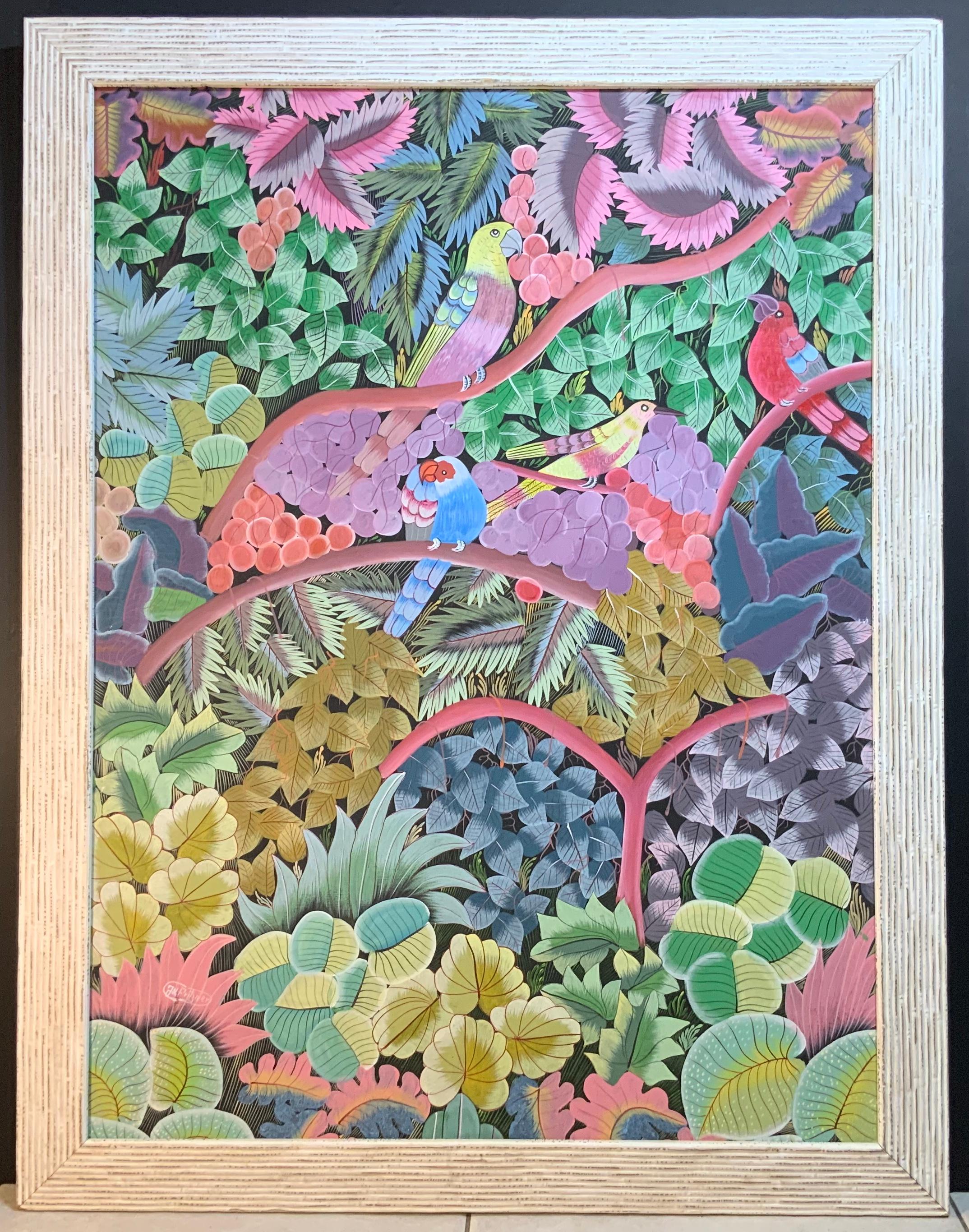 Exceptionnelle peinture à l'huile sur toile de l'artiste haïtien représentant une jungle verdoyante avec des perroquets aux couleurs vives surplombant une belle jungle luxuriante, peinture acrylique sur toile, avec cadre décoratif en bois de qualité