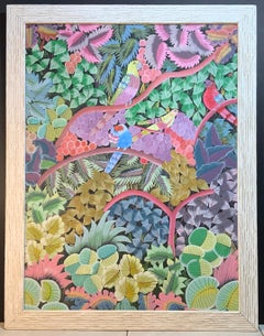 Loros en la selva Pintura acrílica haitiana sobre lienzo