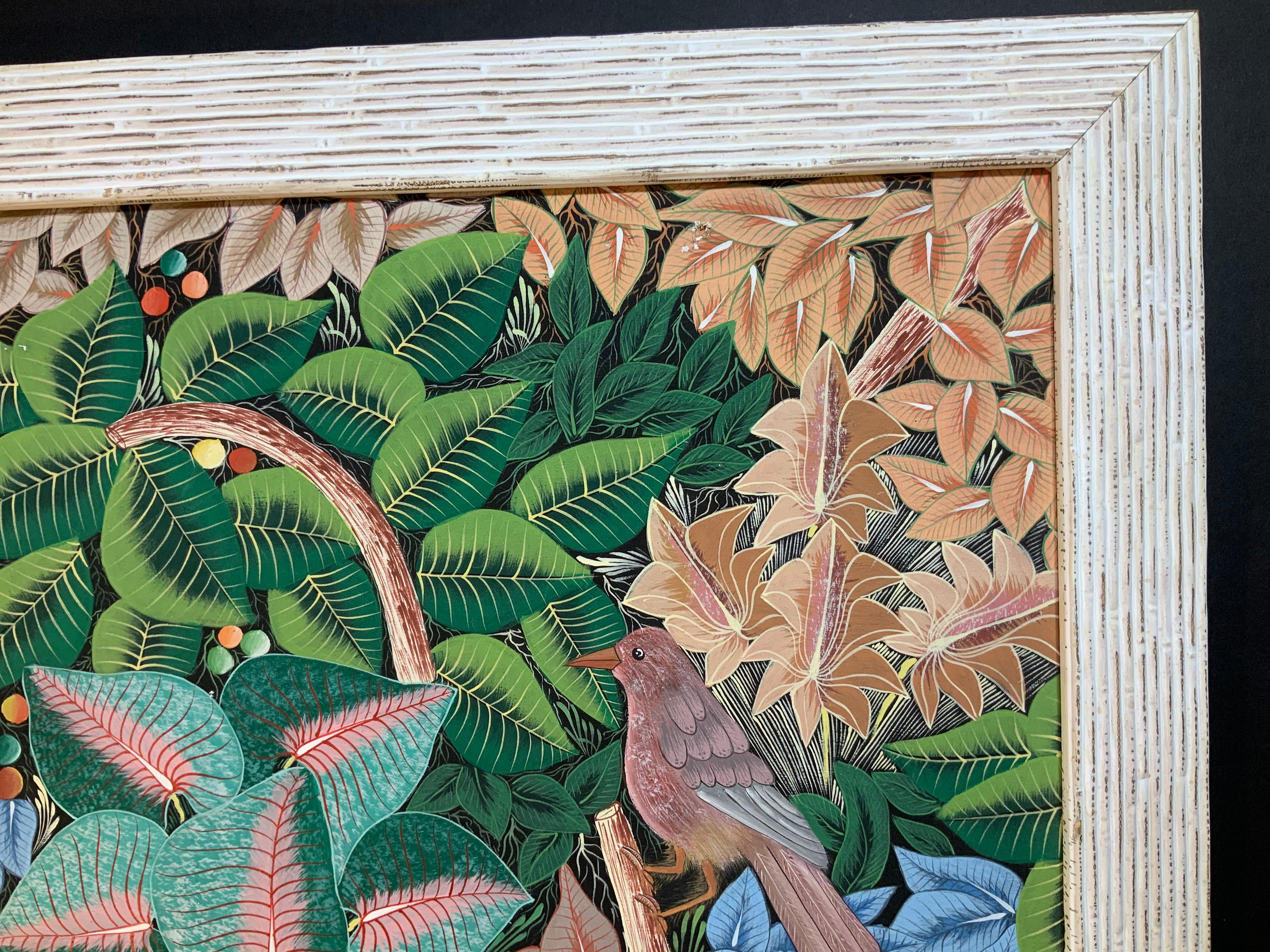 Haïtien Peinture acrylique sur toile Haitian « Parrots in the Jungle » (Perroquets dans la jungle) en vente