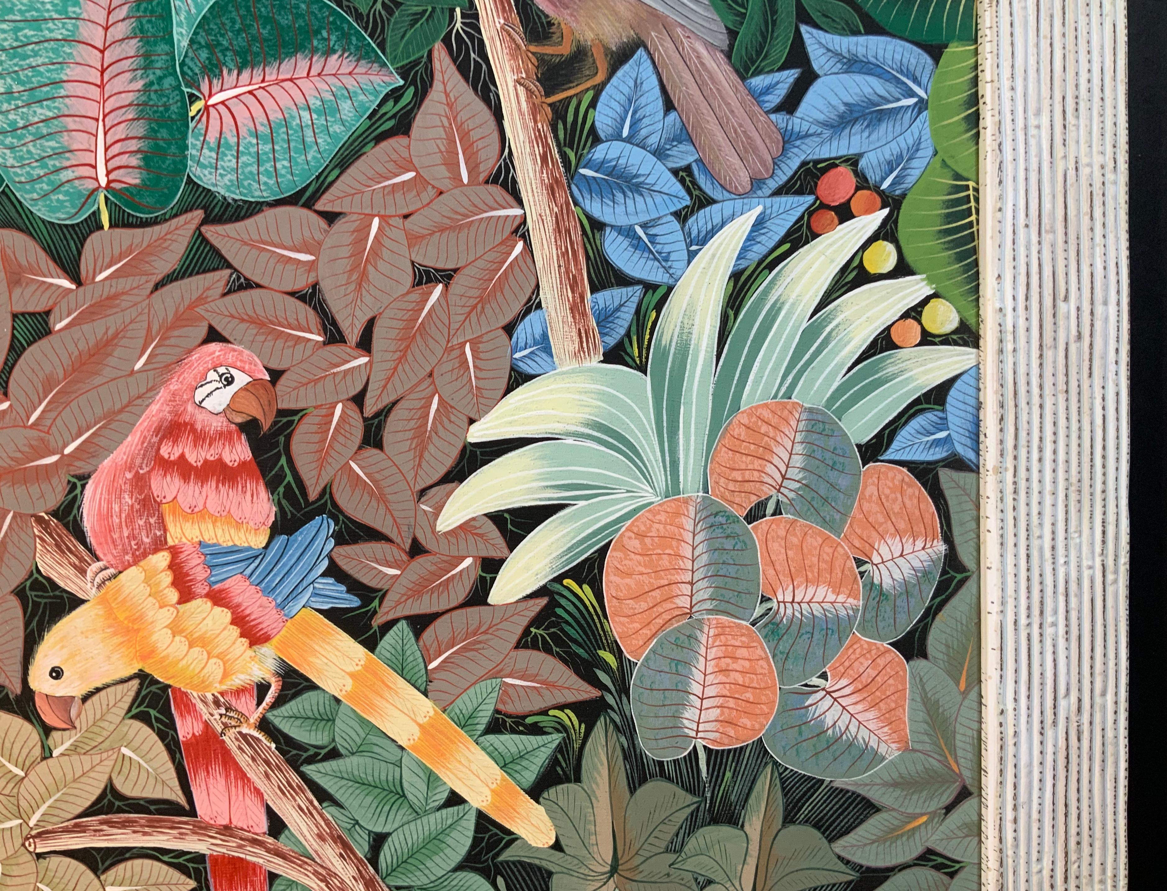 Peinture acrylique sur toile Haitian « Parrots in the Jungle » (Perroquets dans la jungle) Bon état - En vente à Delray Beach, FL