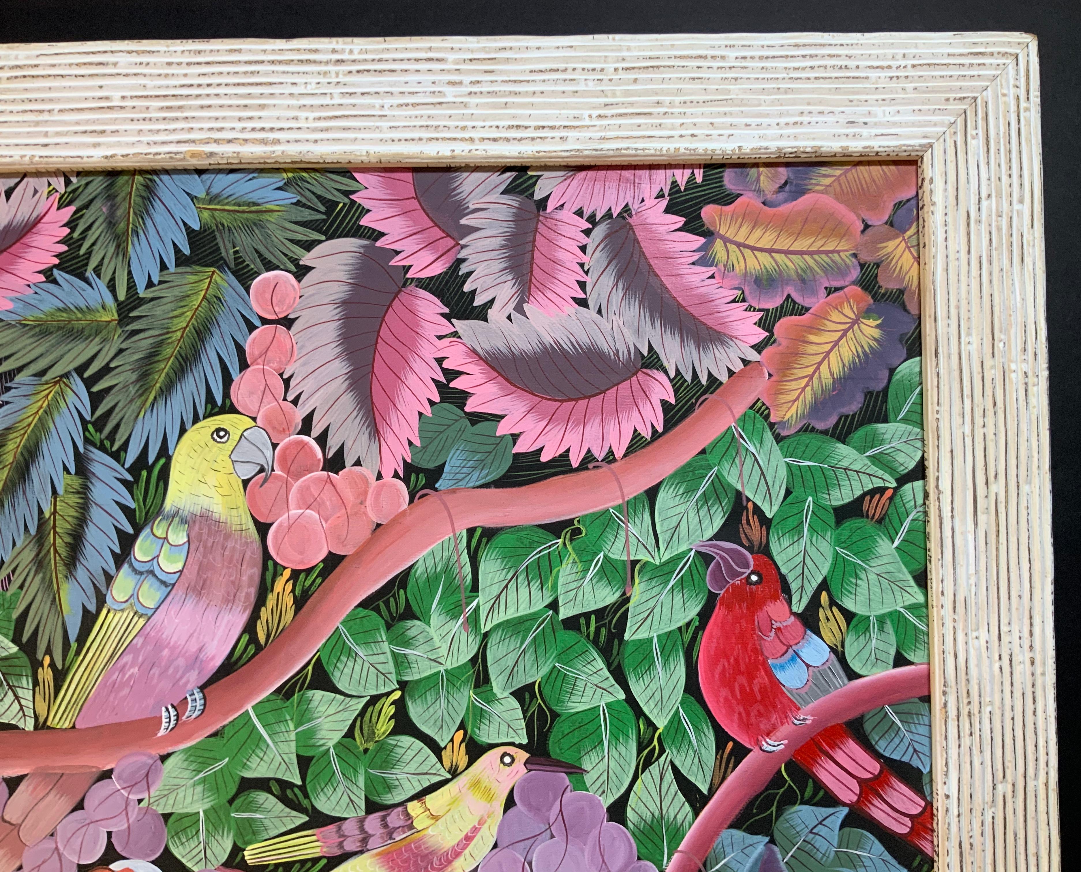 Perroquets dans la jungle Peinture haïtienne à l'acrylique sur toile Bon état - En vente à Delray Beach, FL
